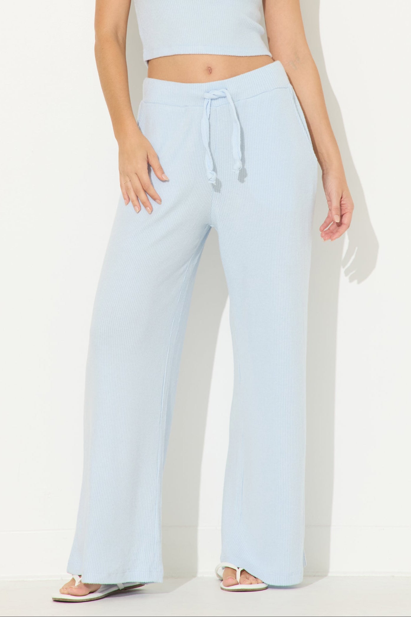 Sky Blue Ribbed Hacci Wide Leg Pants