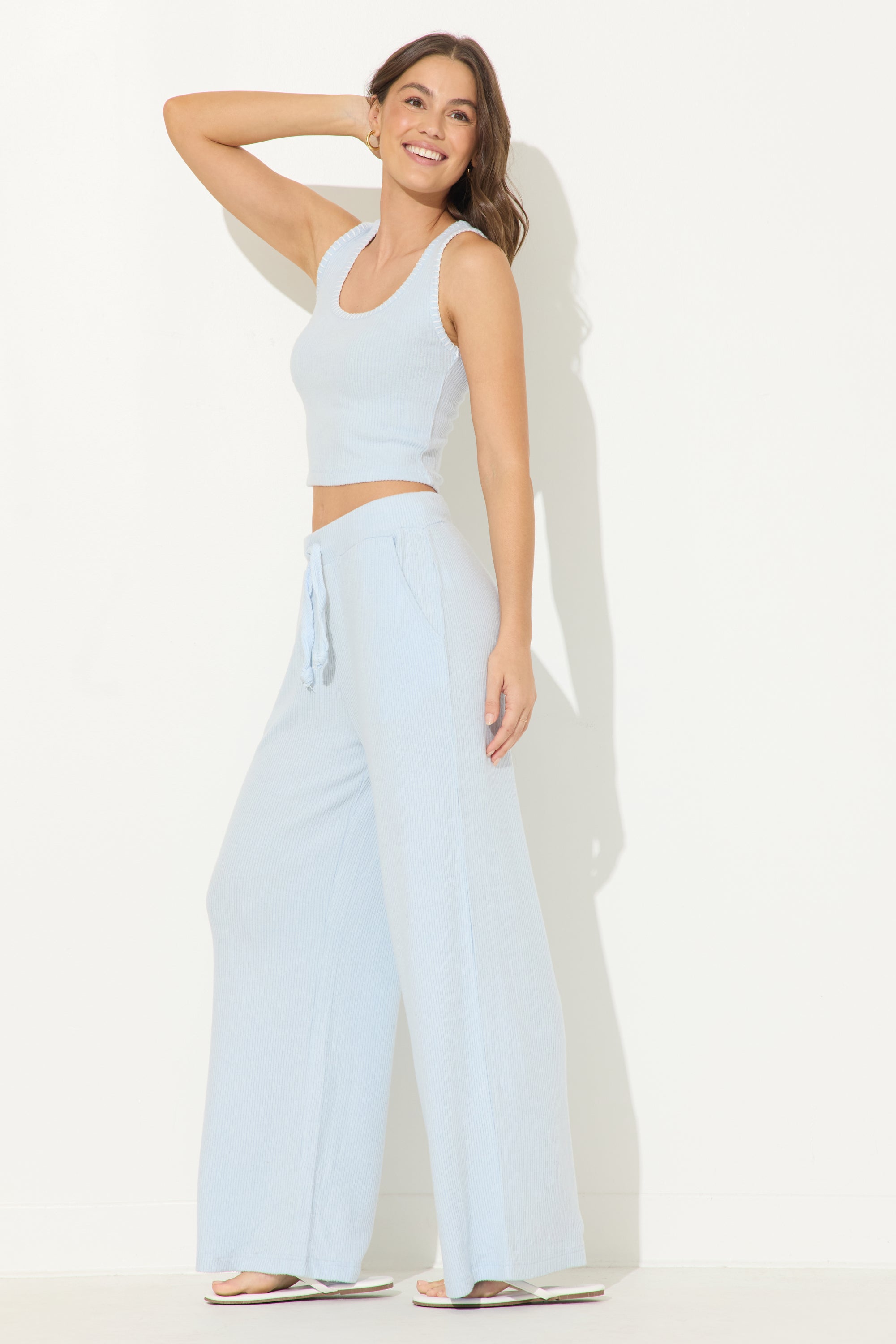 Sky Blue Ribbed Hacci Wide Leg Pants