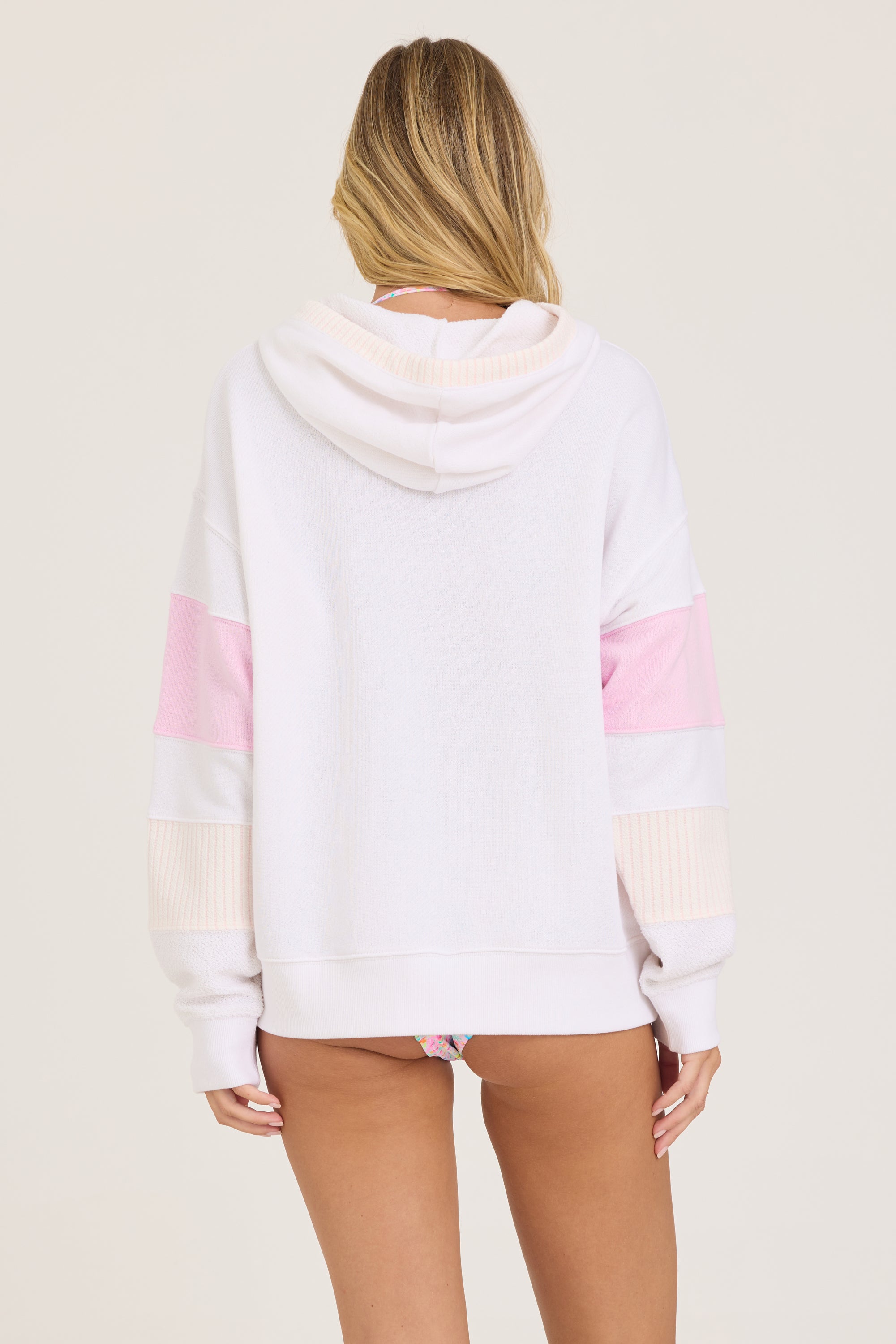 French Terry Solid/Stripe Oversized Hoodie - White/Palm Pink