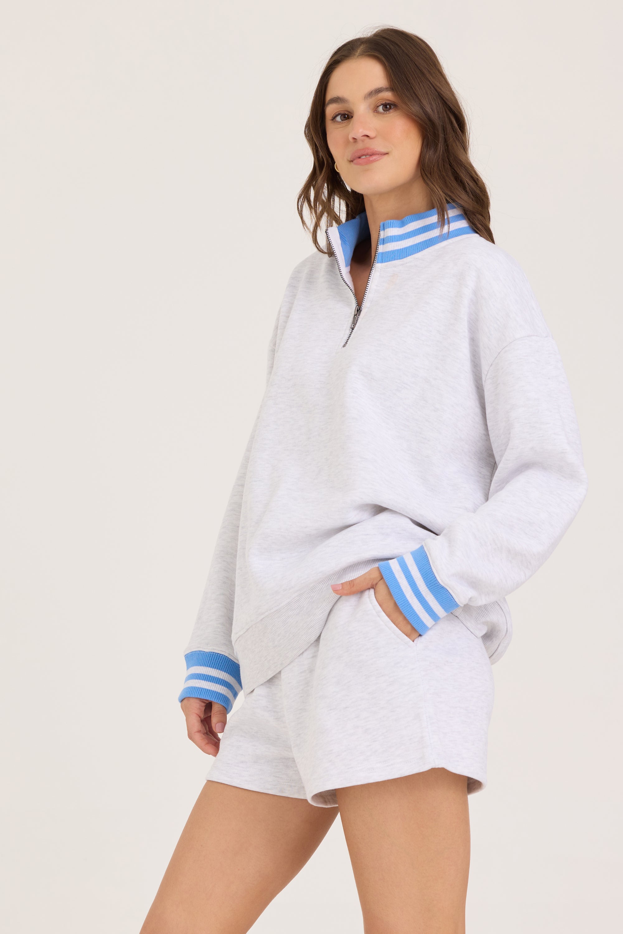 Varsity Fleece Stripe Quarter Zip - Heather Grey with Blue