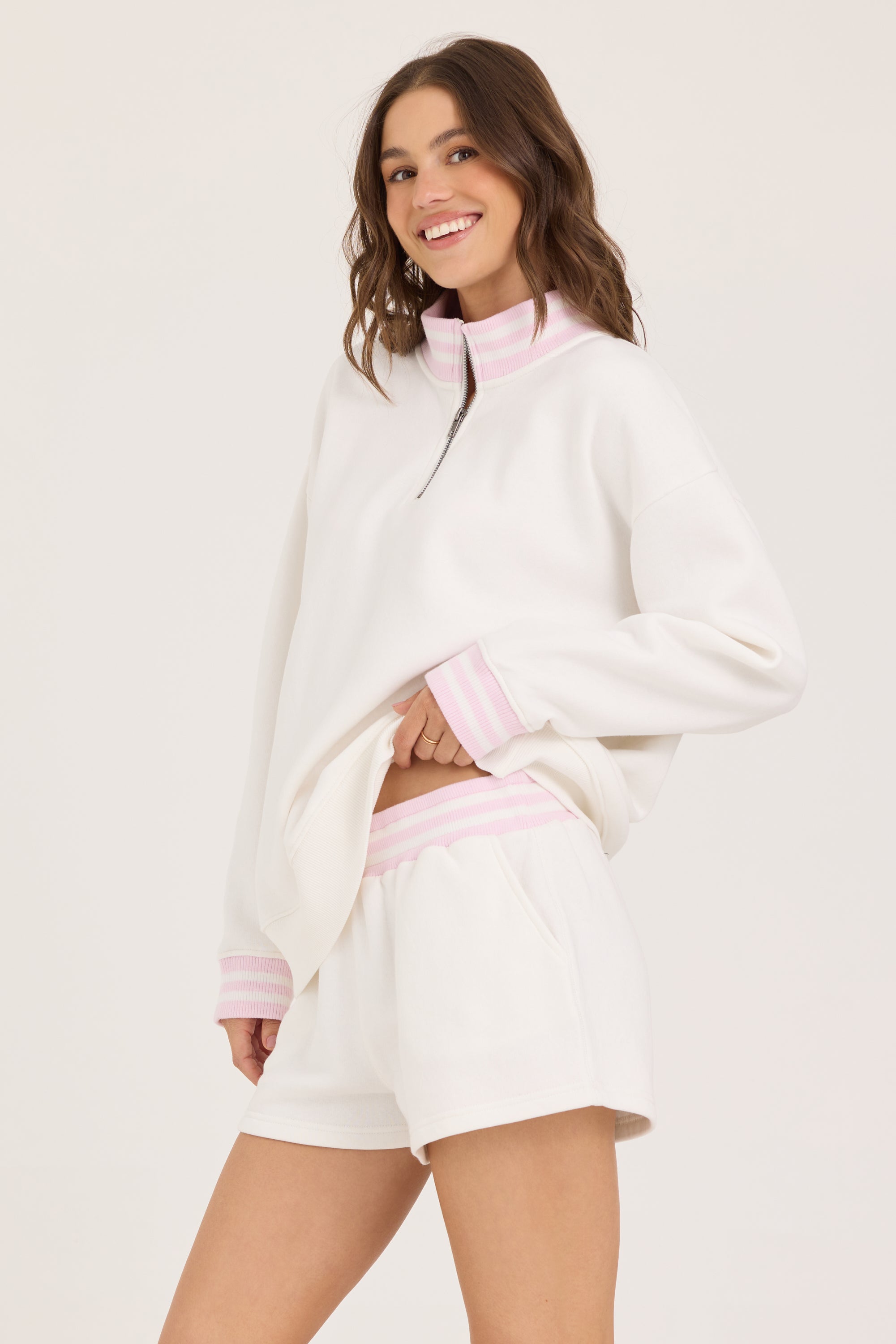 Varsity Fleece Stripe Quarter Zip - White with Paradise Pink