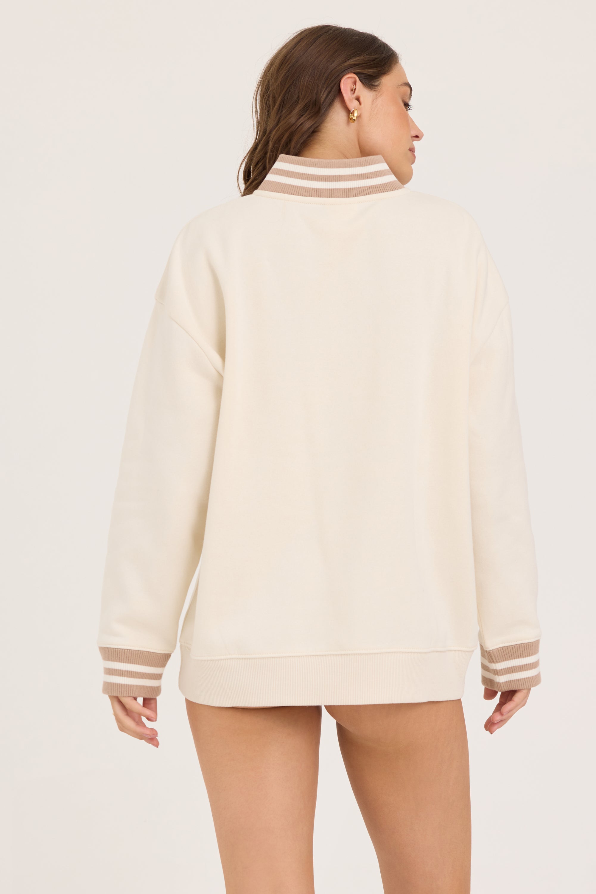 Varsity Fleece Stripe Quarter Zip - Coconut with Cappuccino