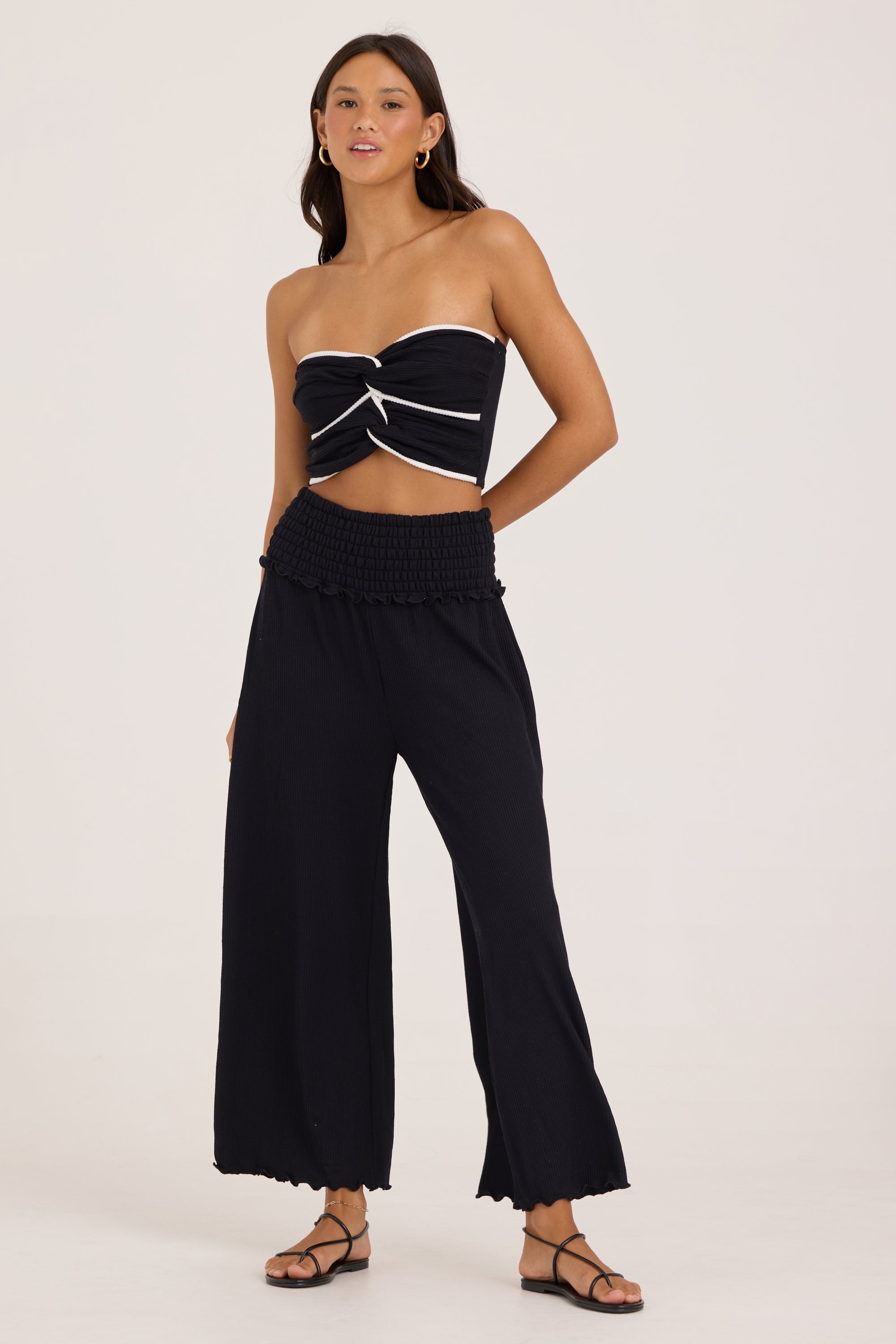 Rib Knit Smocked Waist Wide Leg Pant - Black