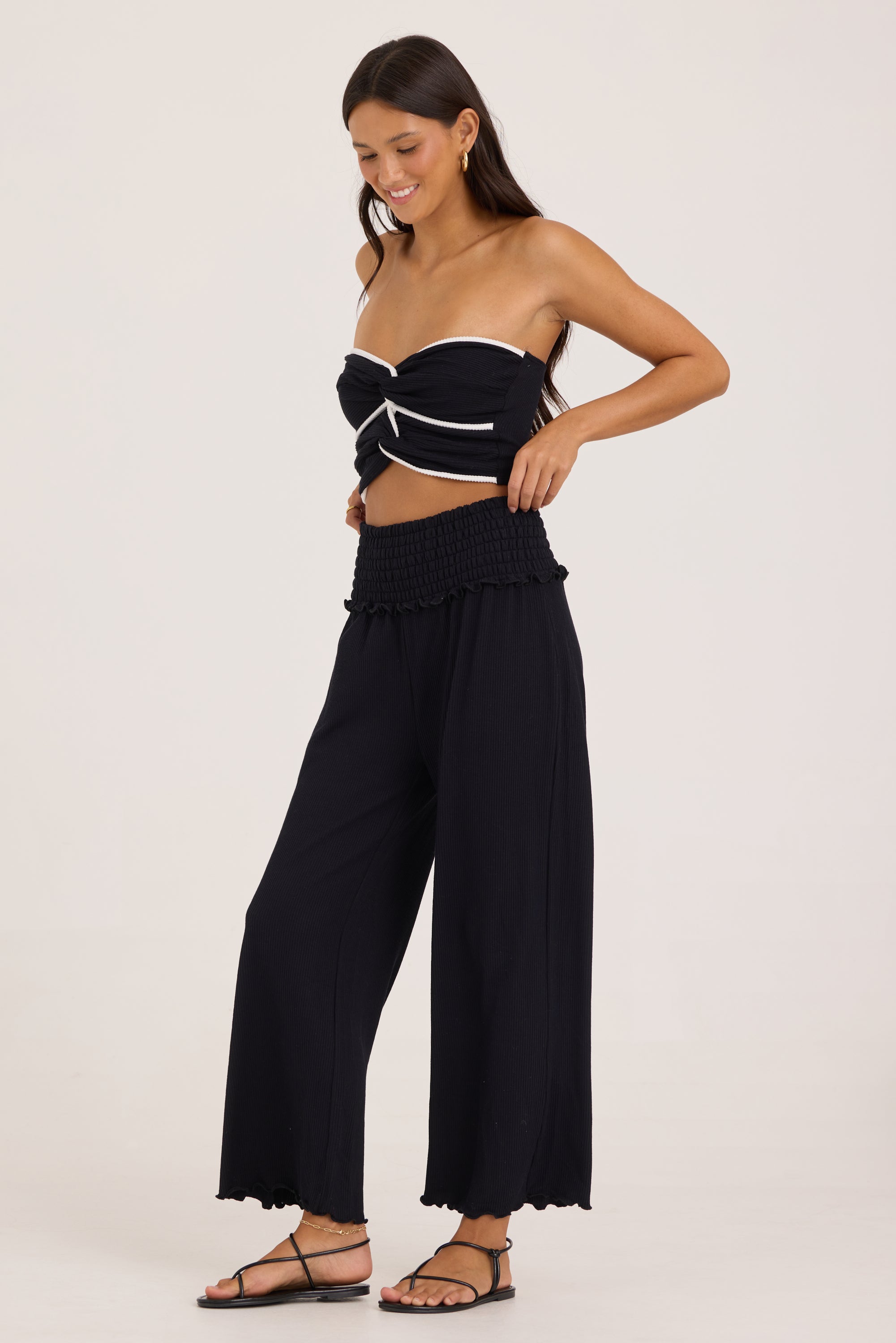 Rib Knit Smocked Waist Wide Leg Pant - Black