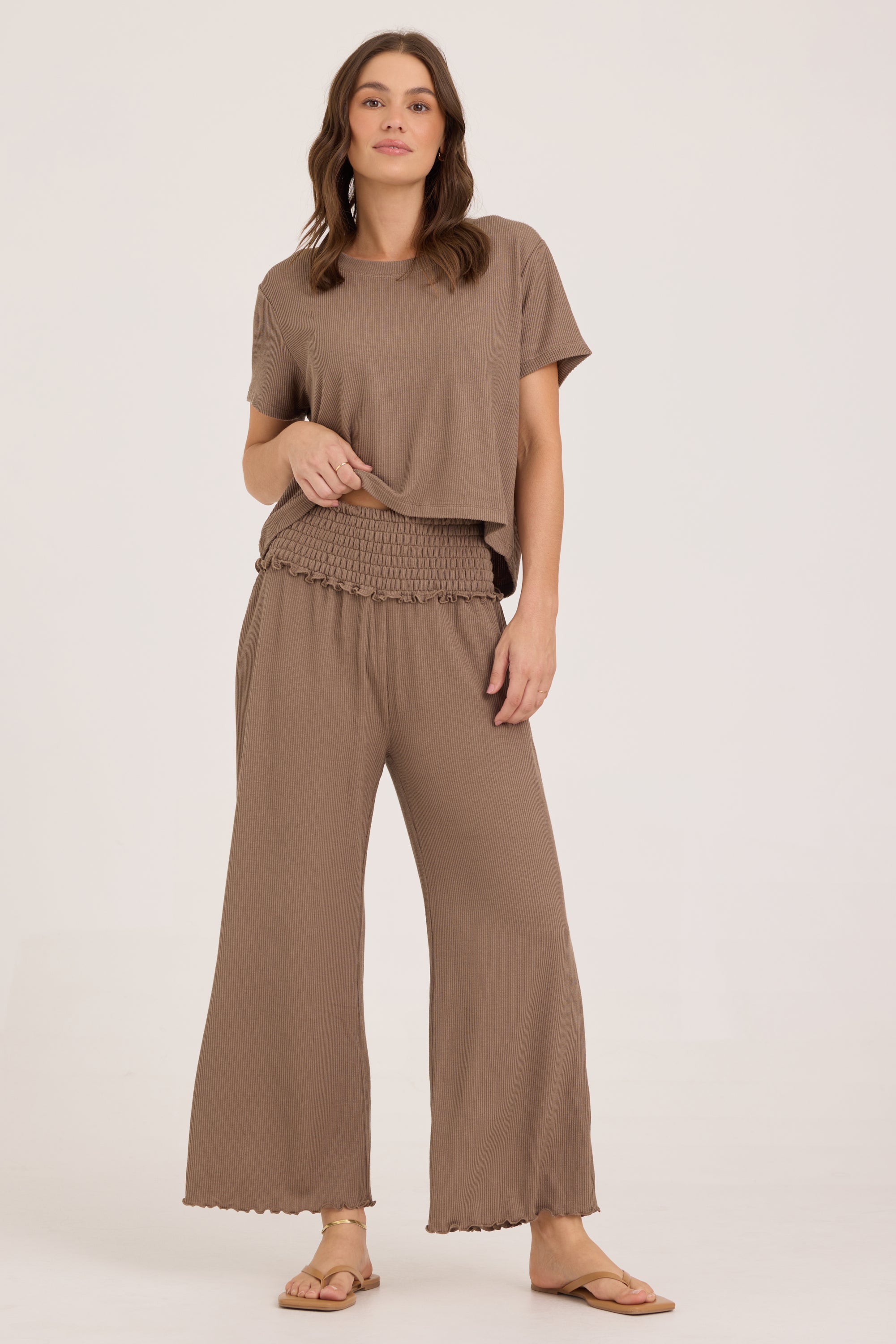Rib Knit Smocked Waist Wide Leg Pant - Mocha
