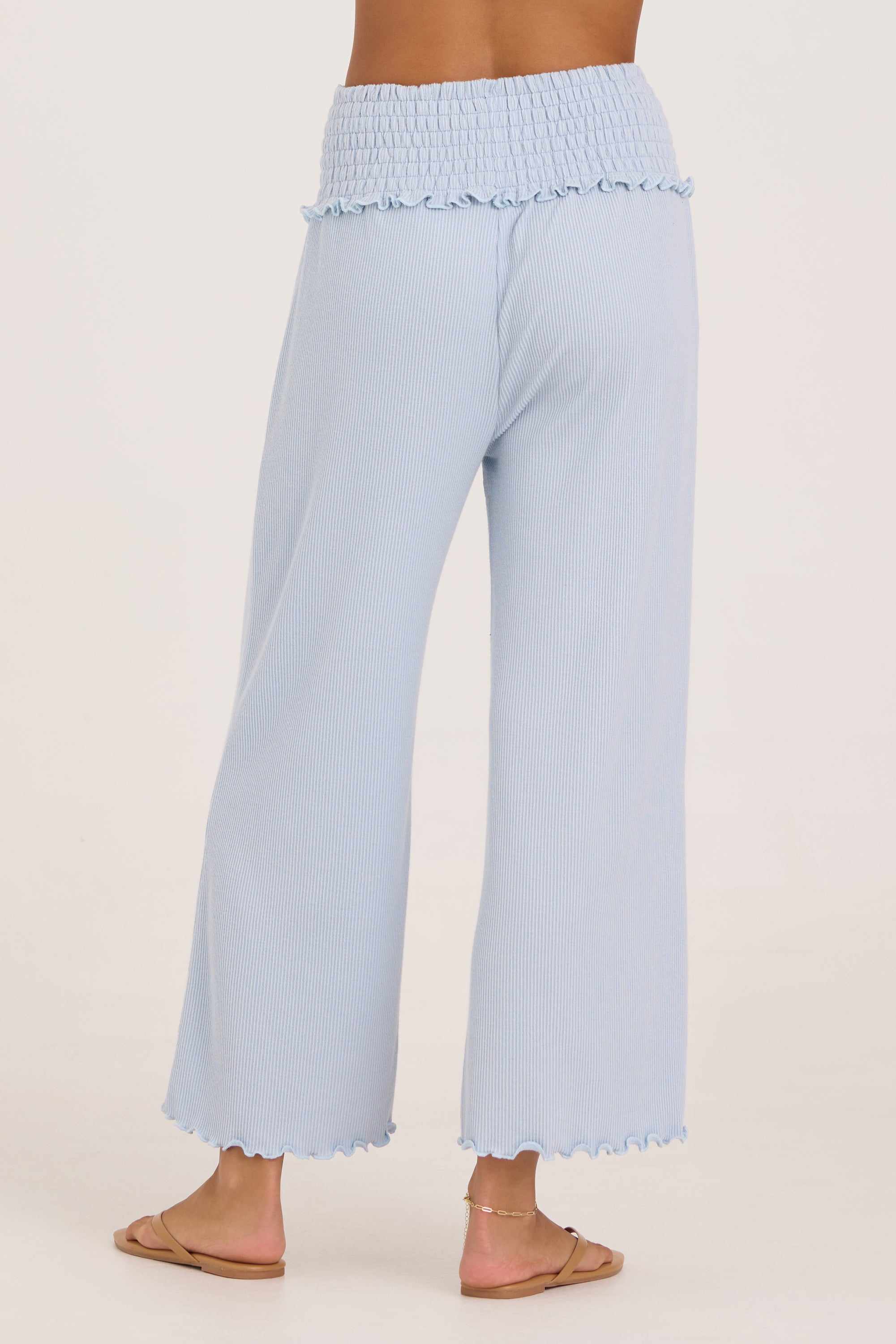 Rib Knit Smocked Waist Wide Leg Pant - Coastal Blue