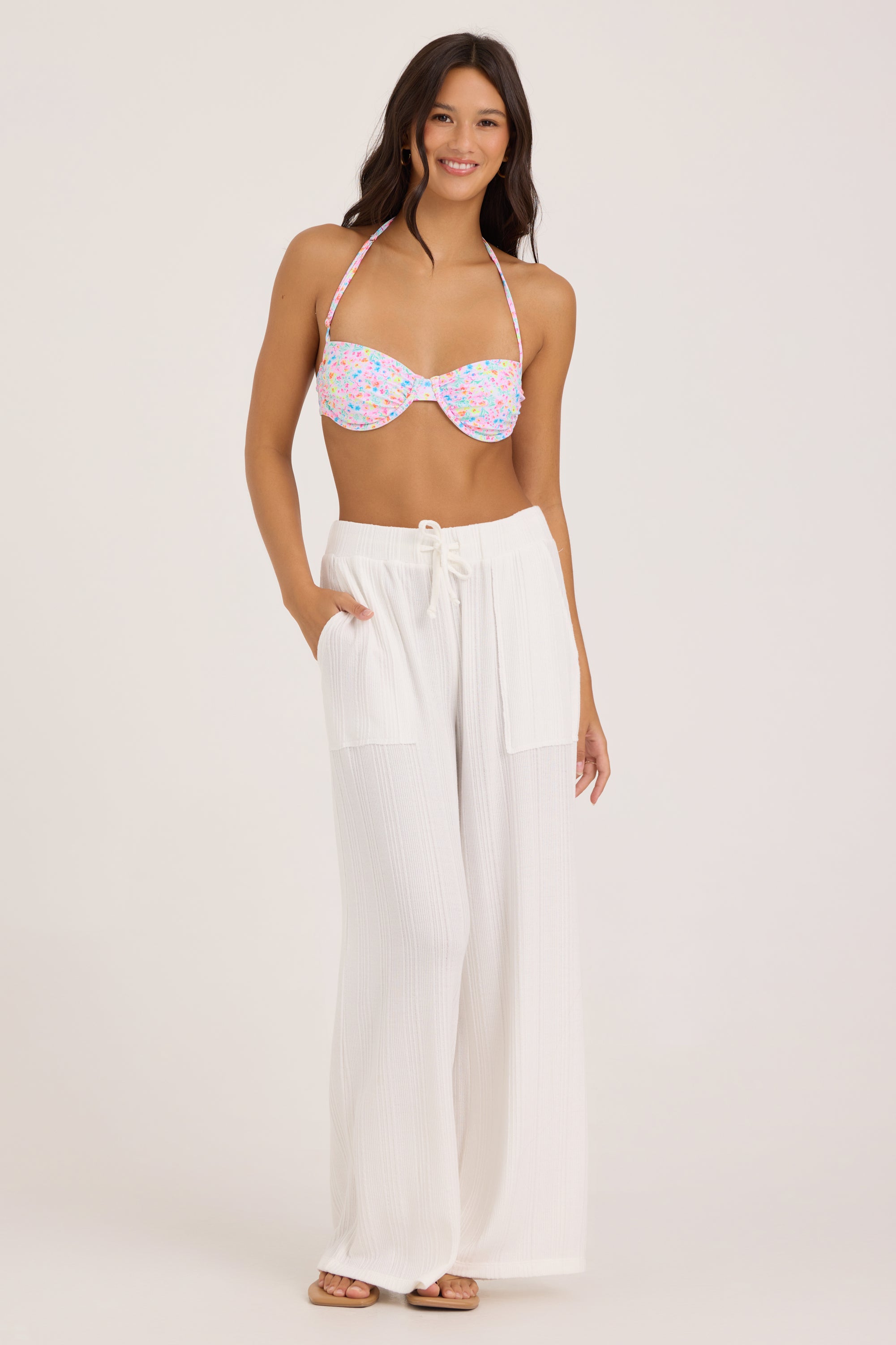 Novelty Rib Knit Wide Leg Pants - White