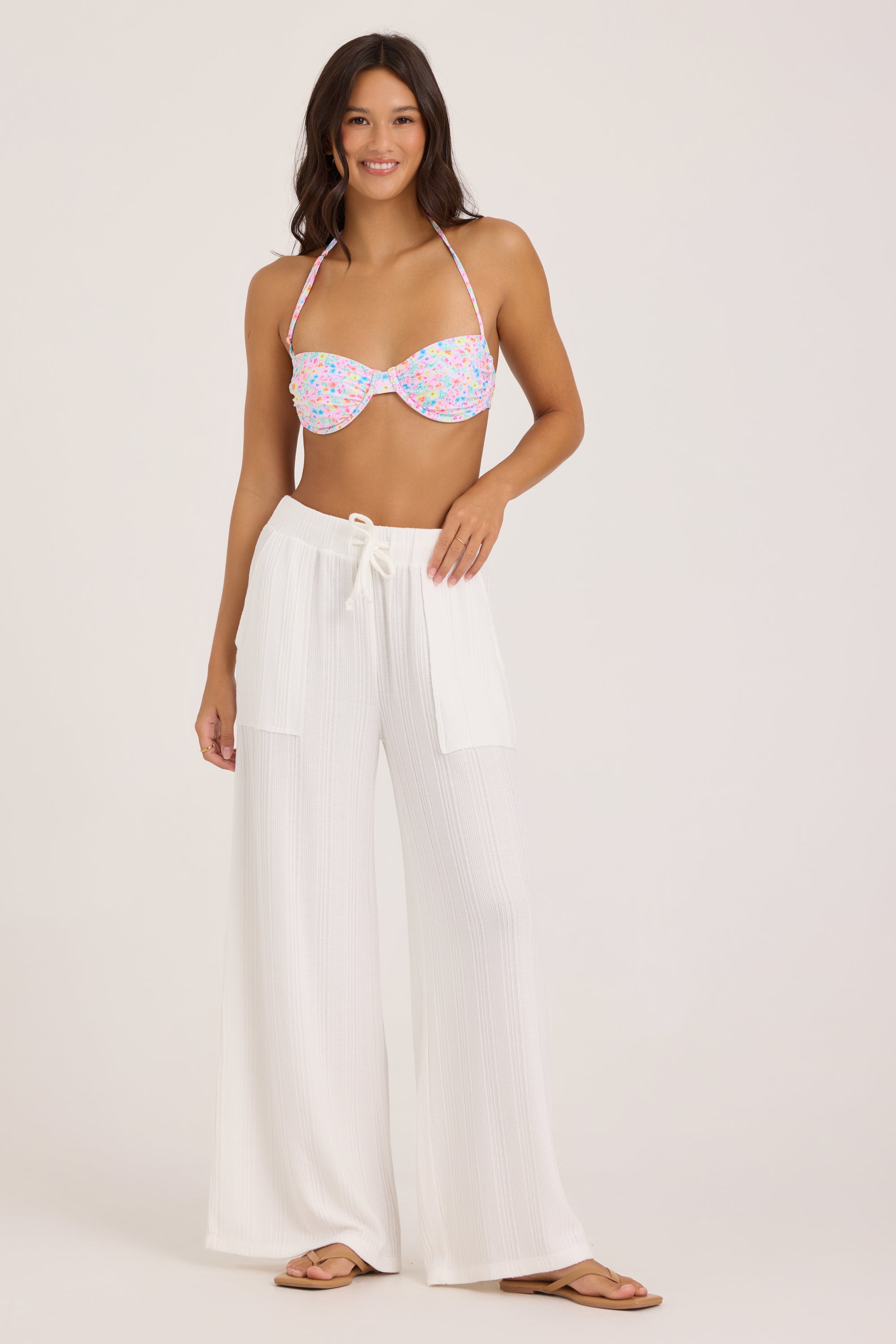 Novelty Rib Knit Wide Leg Pants - White