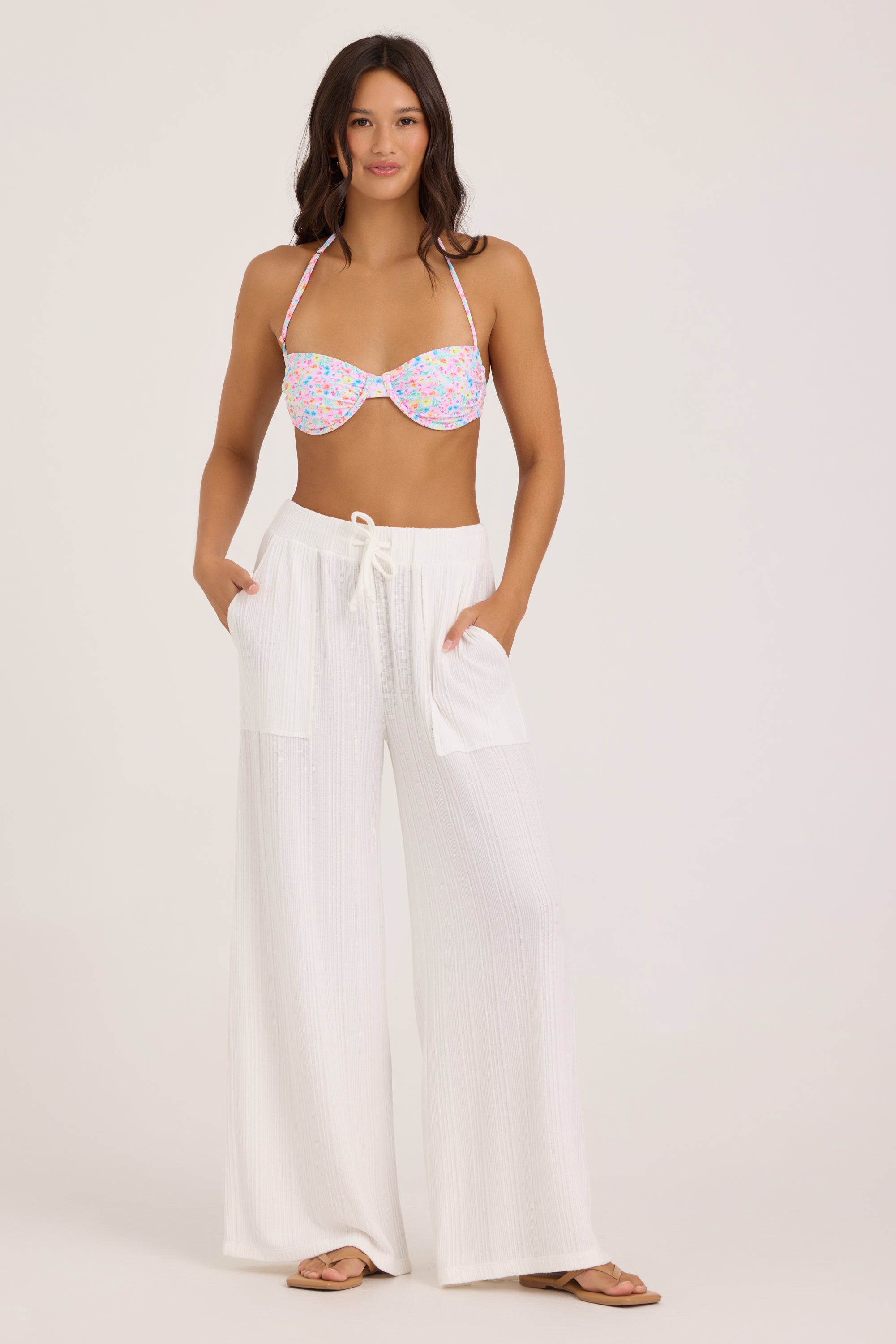 Novelty Rib Knit Wide Leg Pants - White