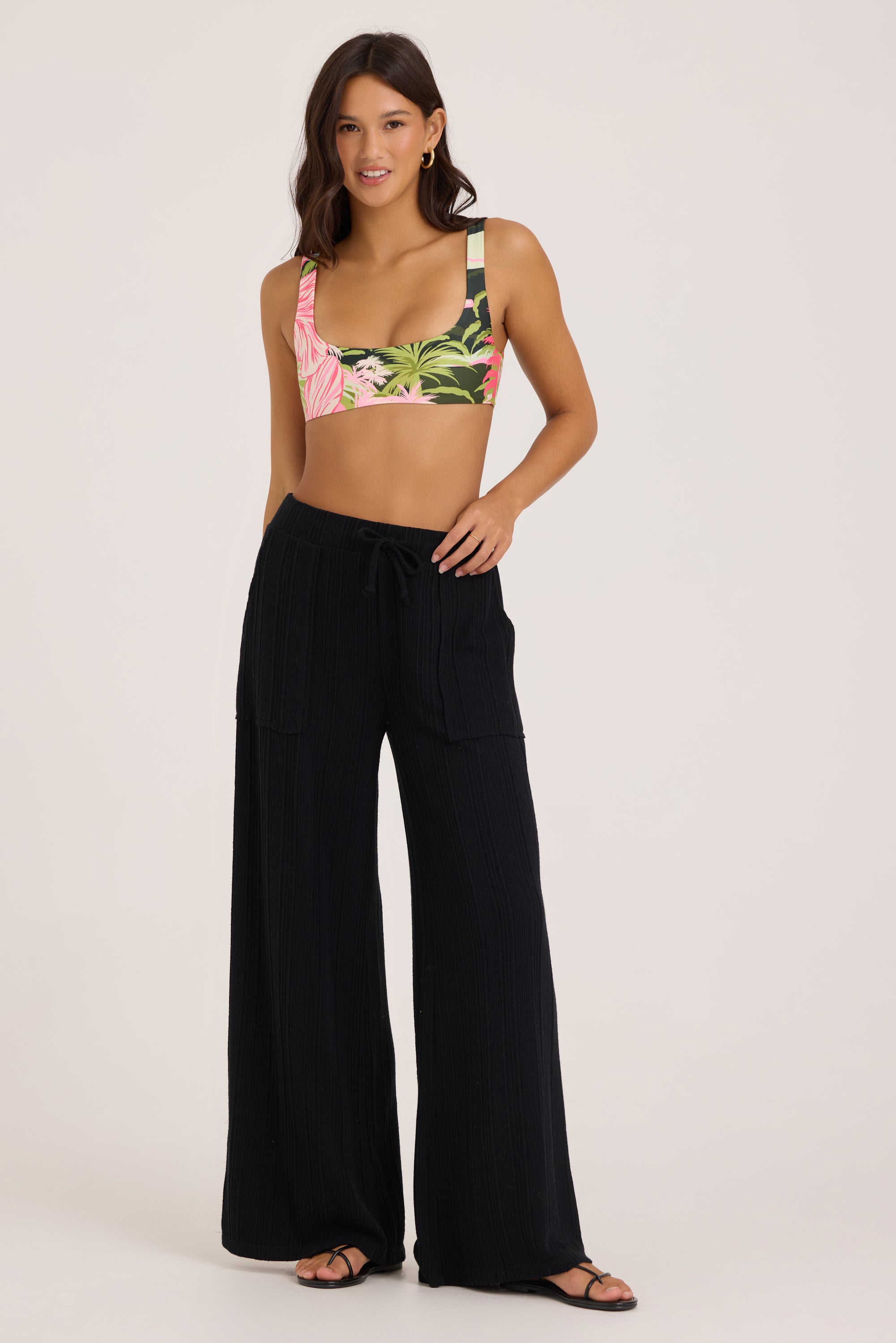 Novelty Rib Knit Wide Leg Pants - Black