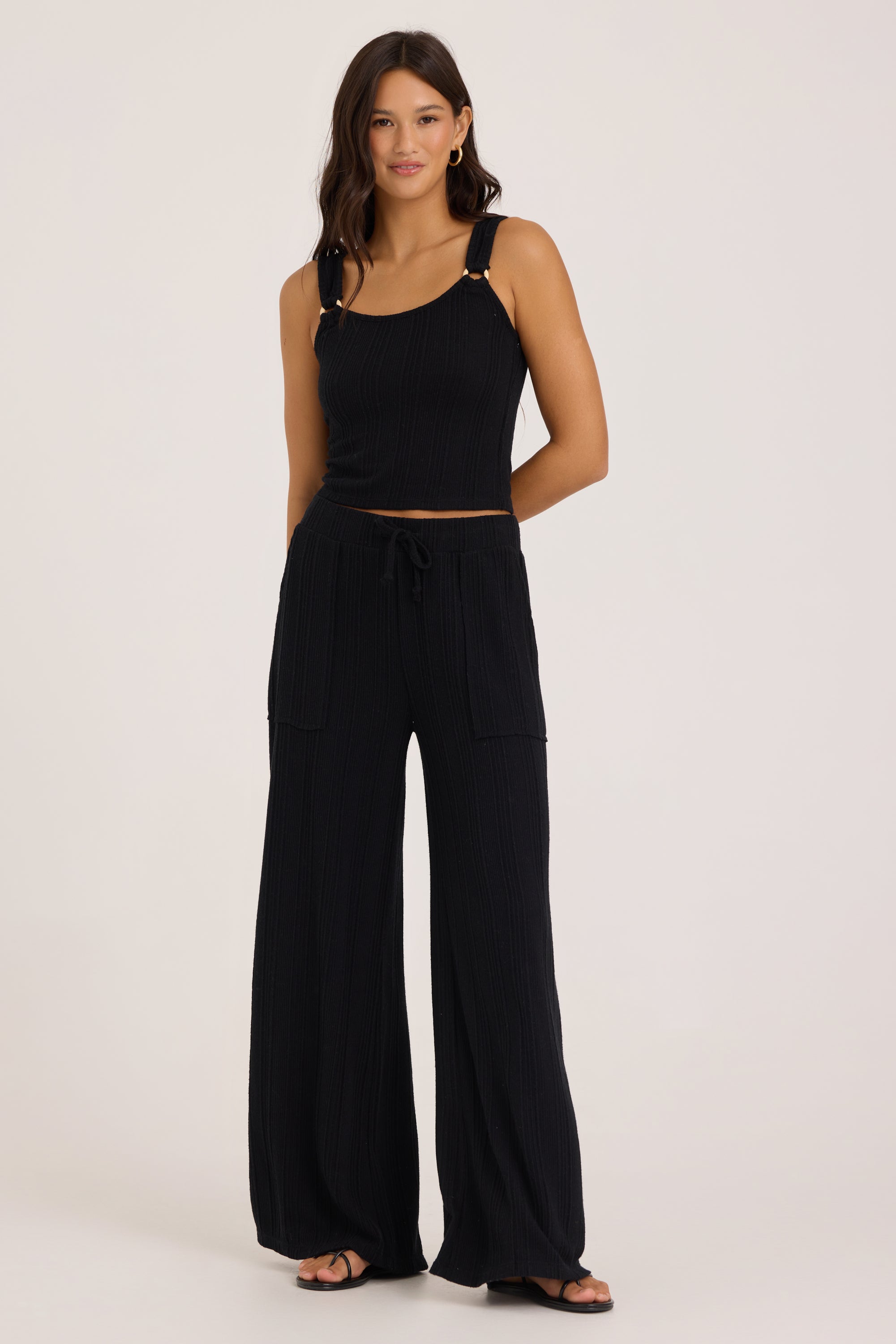 Novelty Rib Knit Wide Leg Pants - Black
