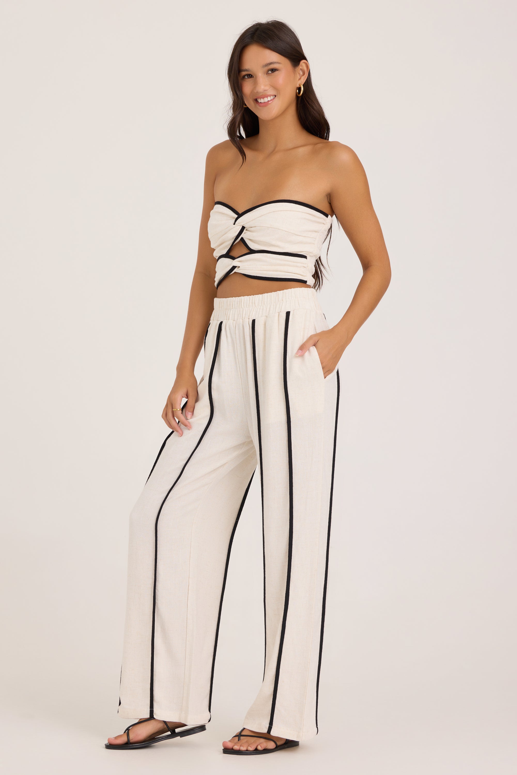 Viscose Linen Twist Front Tube Top - White Black