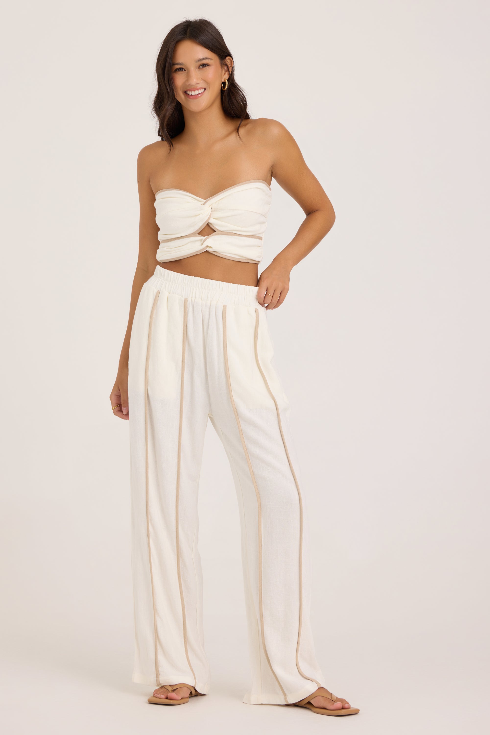 Viscose Linen Twist Front Tube Top - White Tan