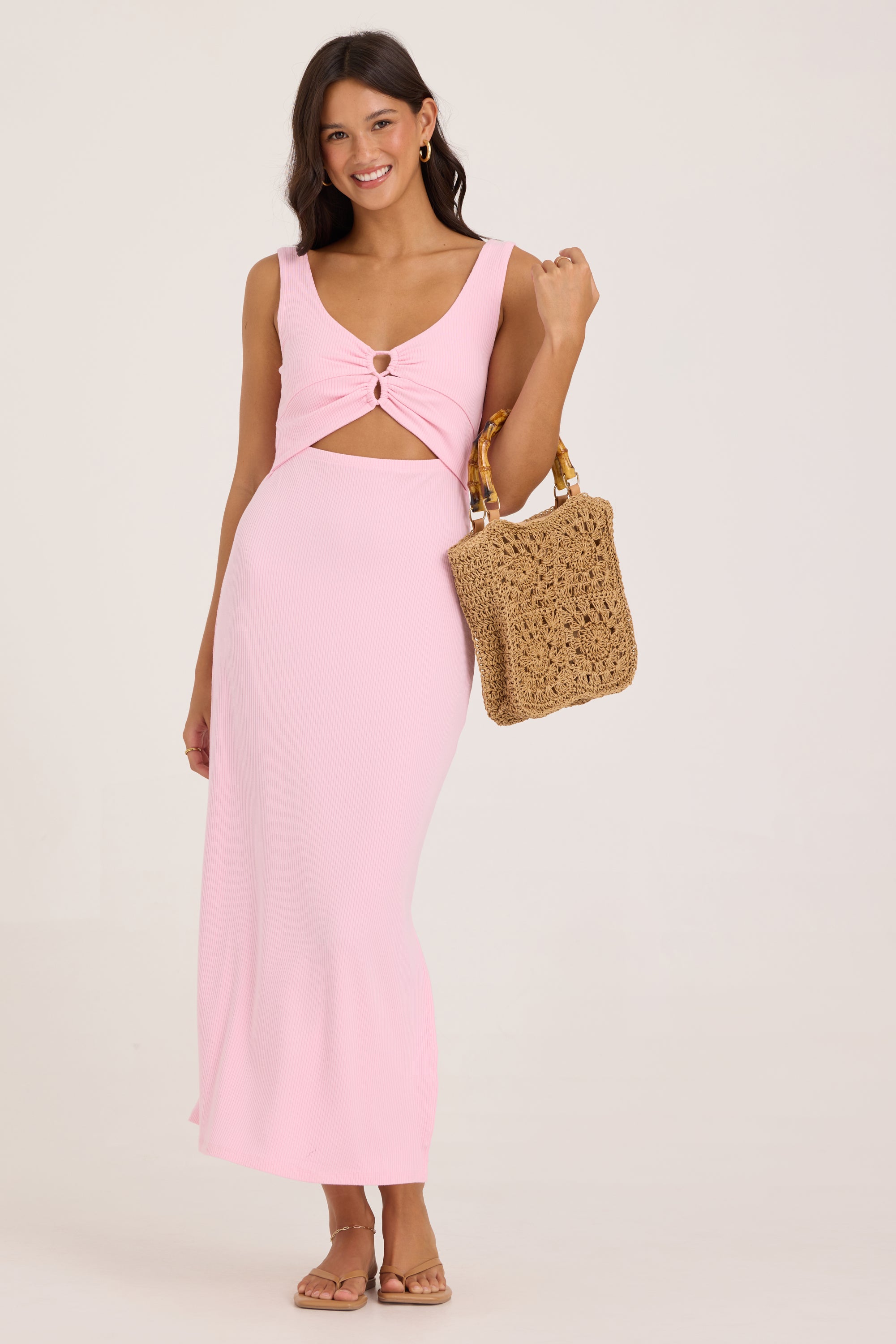 Heavy Rib Knit Cut Out Maxi Dress - Pink Sand