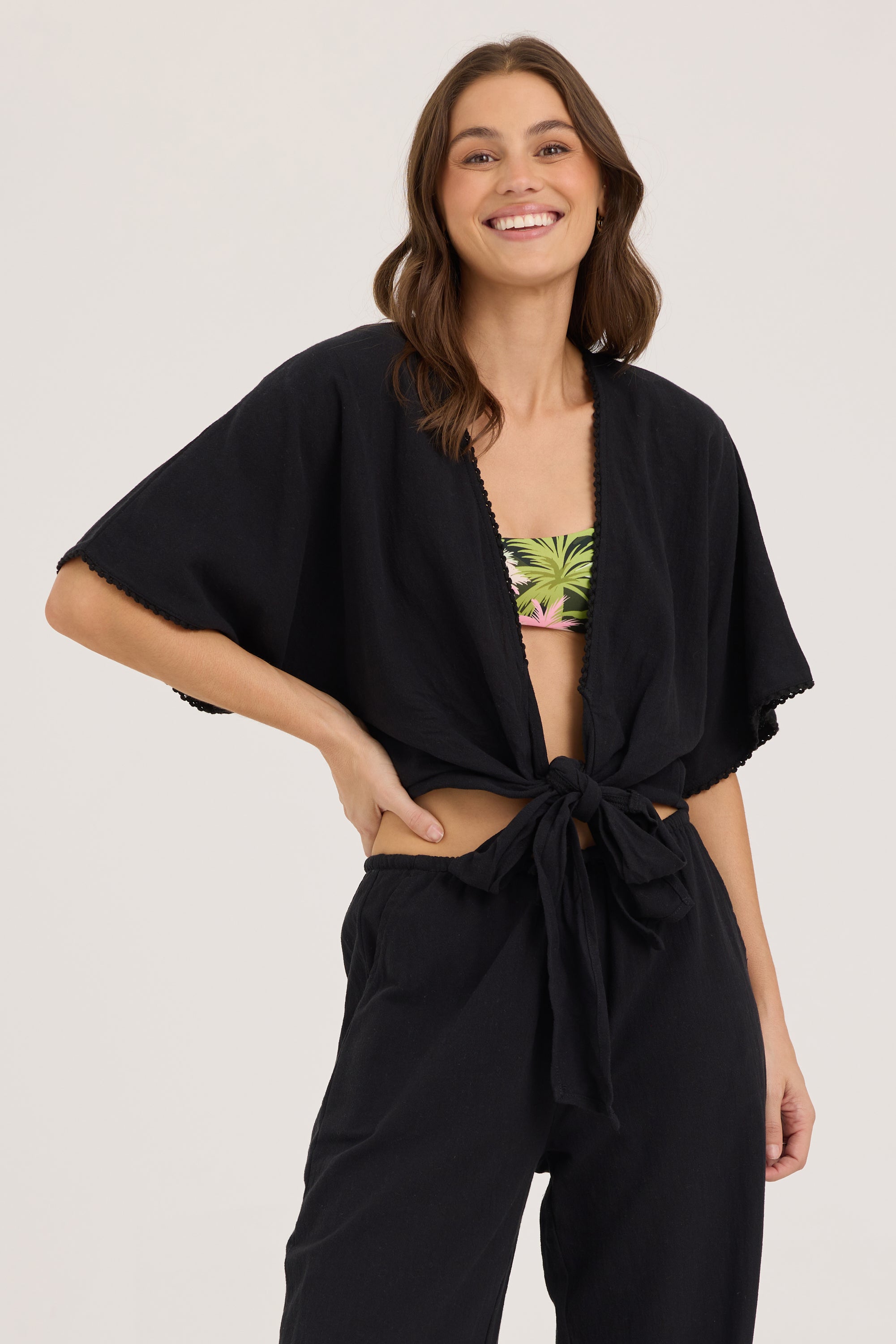 Textured Cotton Tie Front Top - Black