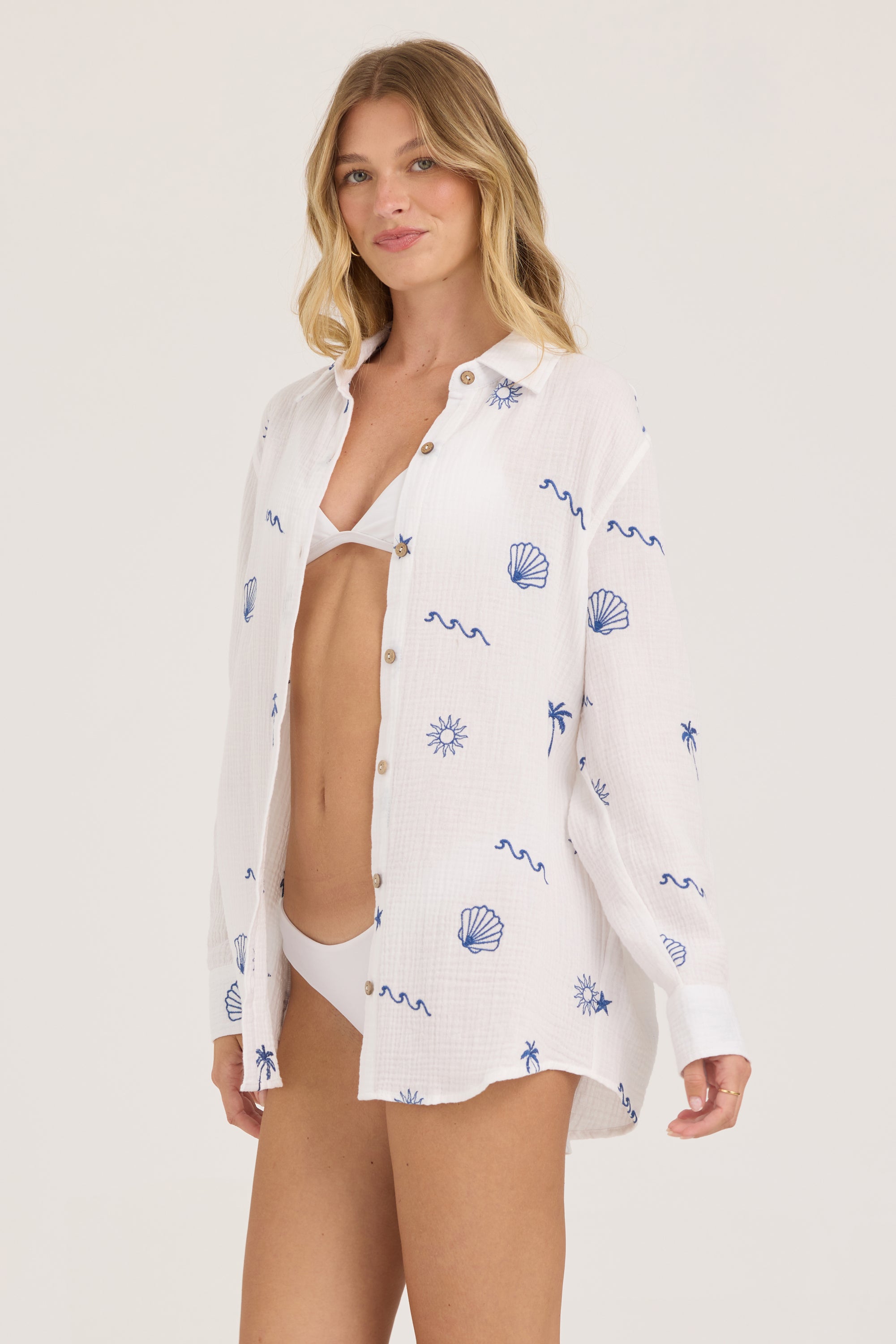 Gauze Button Up With All Over Emb - White with Blue