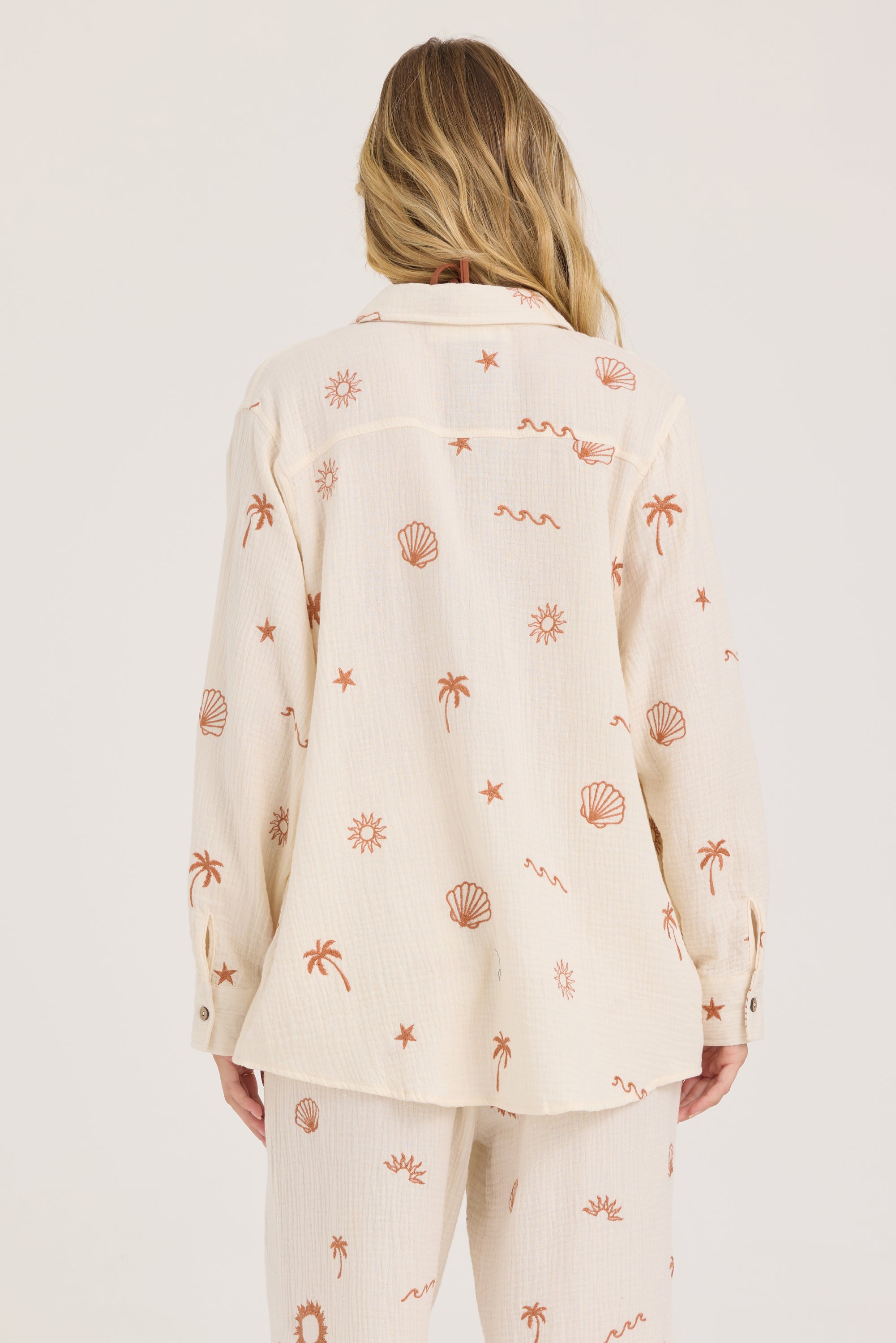 Gauze Button Up With All Over Emb - Sand with Caramel