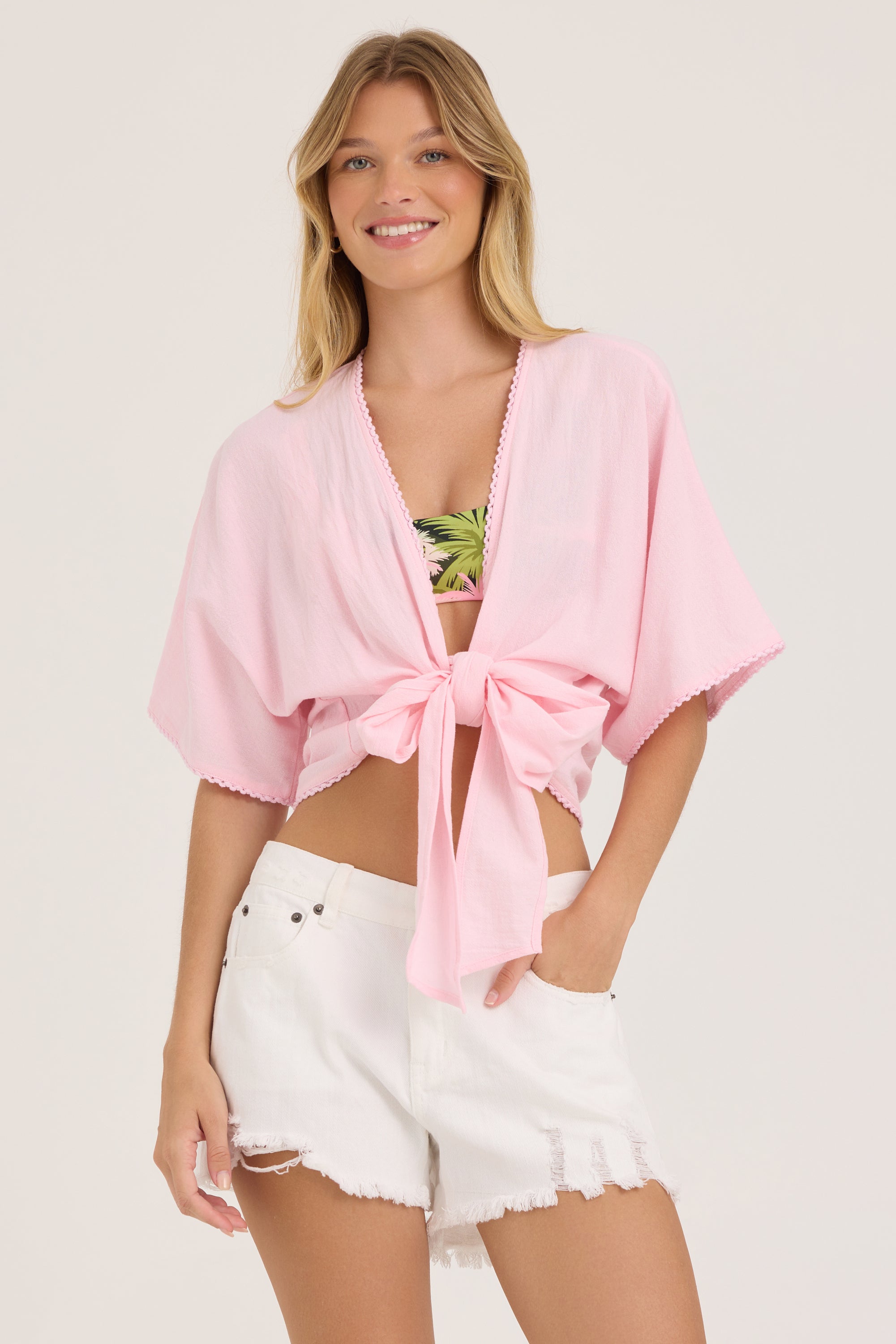 Textured Cotton Tie Front Top - Soft Pink