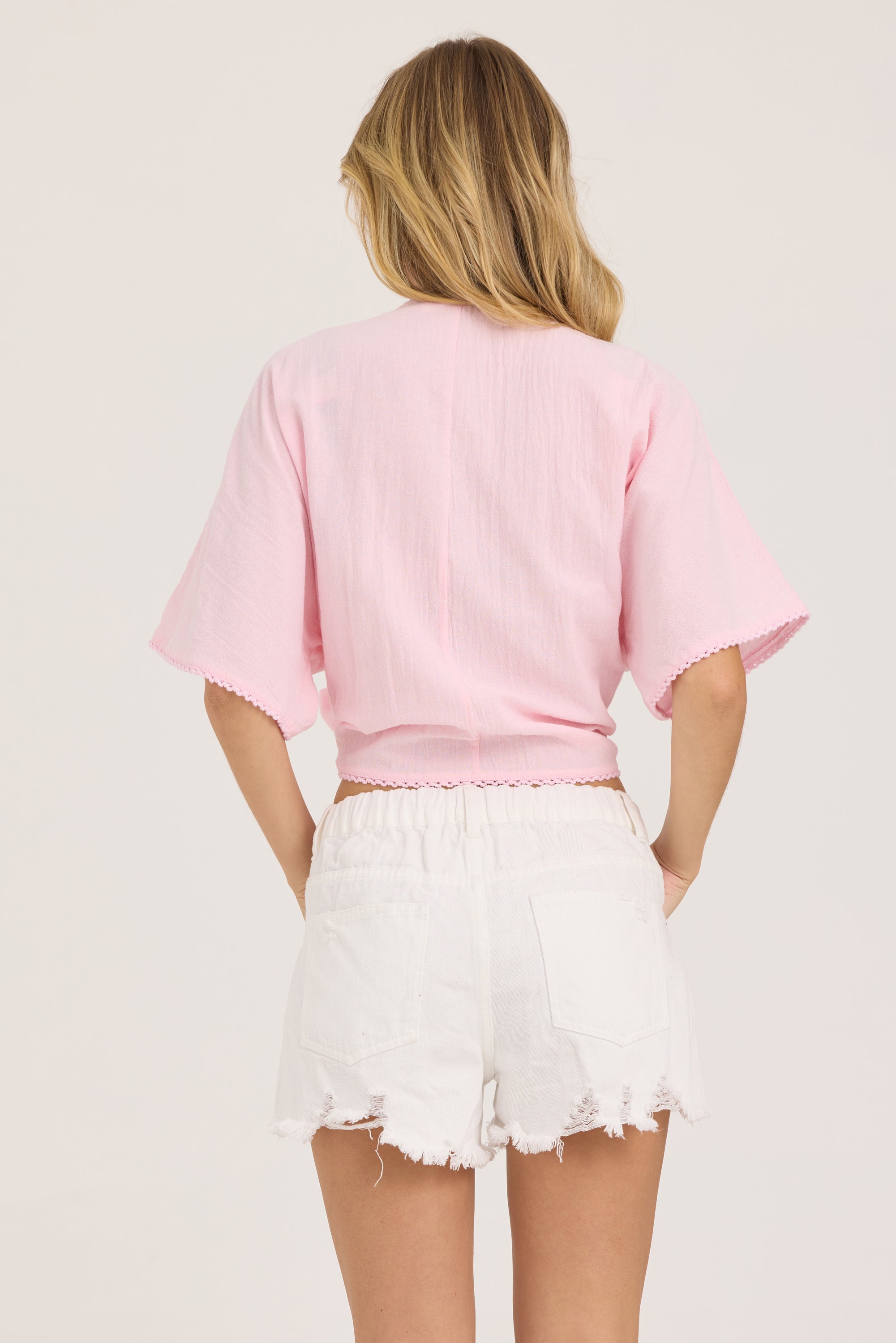 Textured Cotton Tie Front Top - Soft Pink