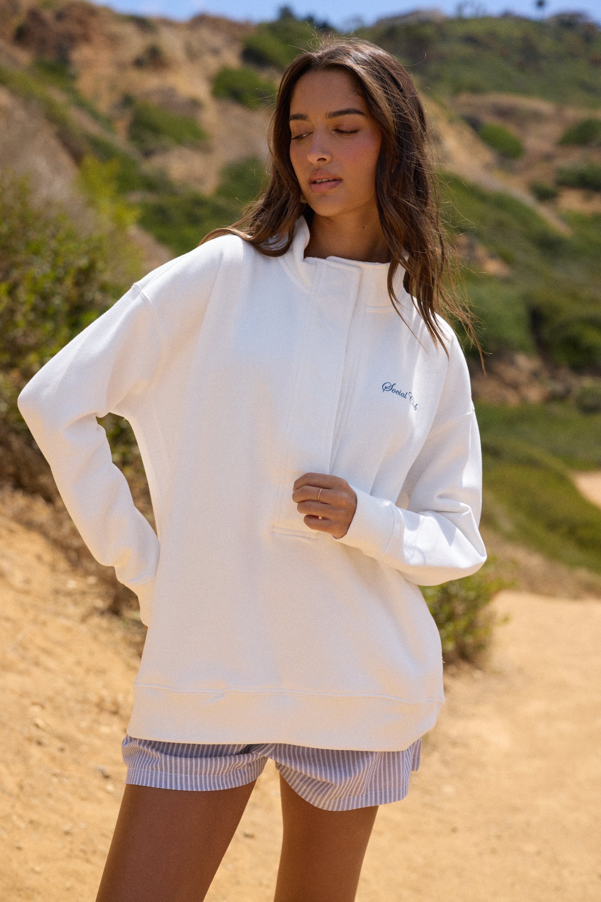 "Social Club" 3/4 Button Sweatshirt - Coconut