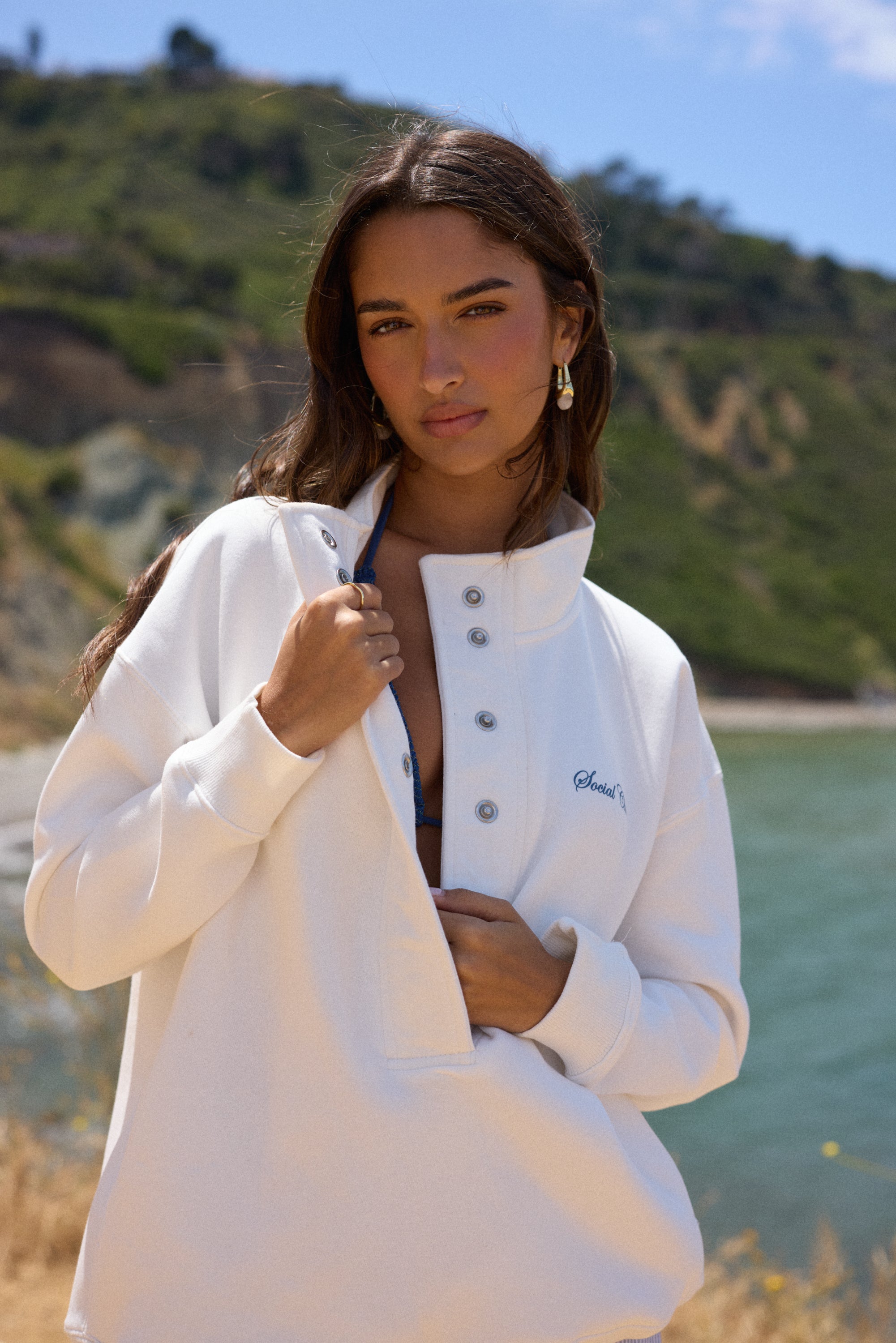 "Social Club" 3/4 Button Sweatshirt - Coconut