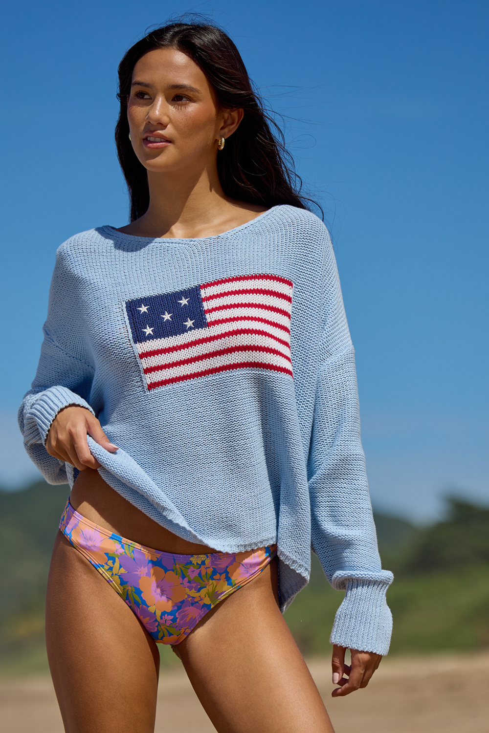 American Flag Graphic Sweater - Lt Blue