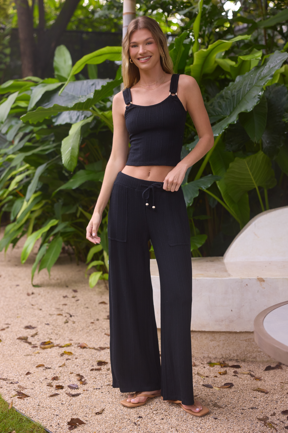 Novelty Rib Knit Wide Leg Pants - Black