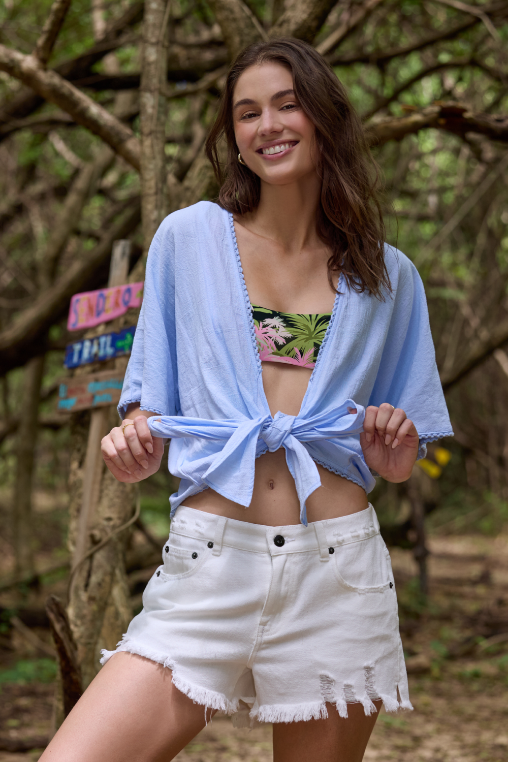 Textured Cotton Tie Front Top - Barbados Blue