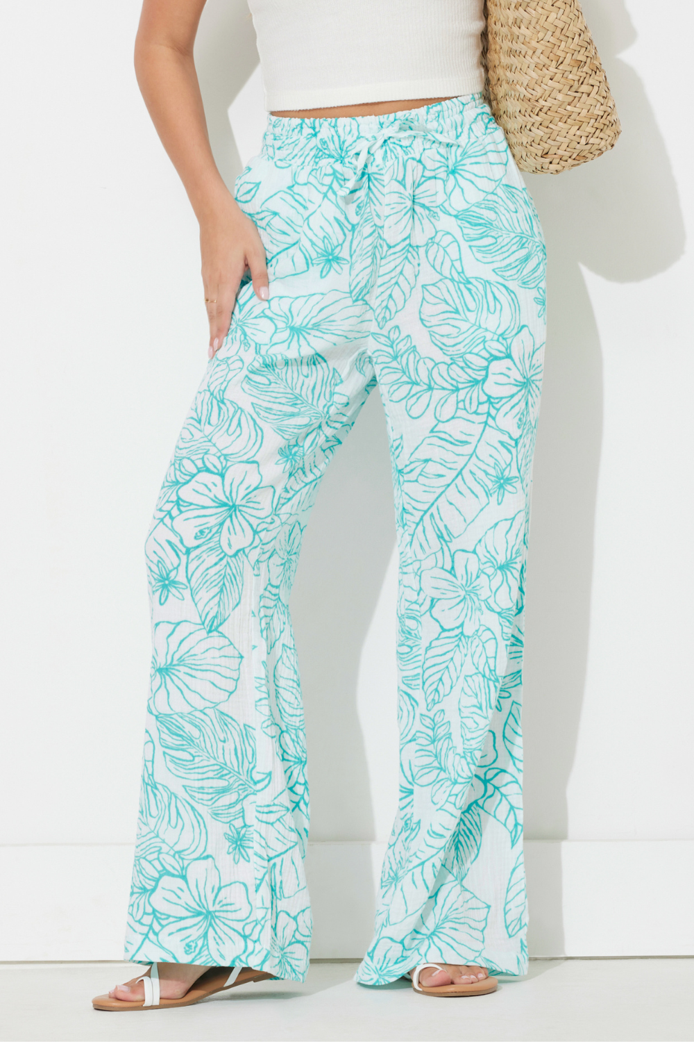 Teal Green Printed Gauze Pant