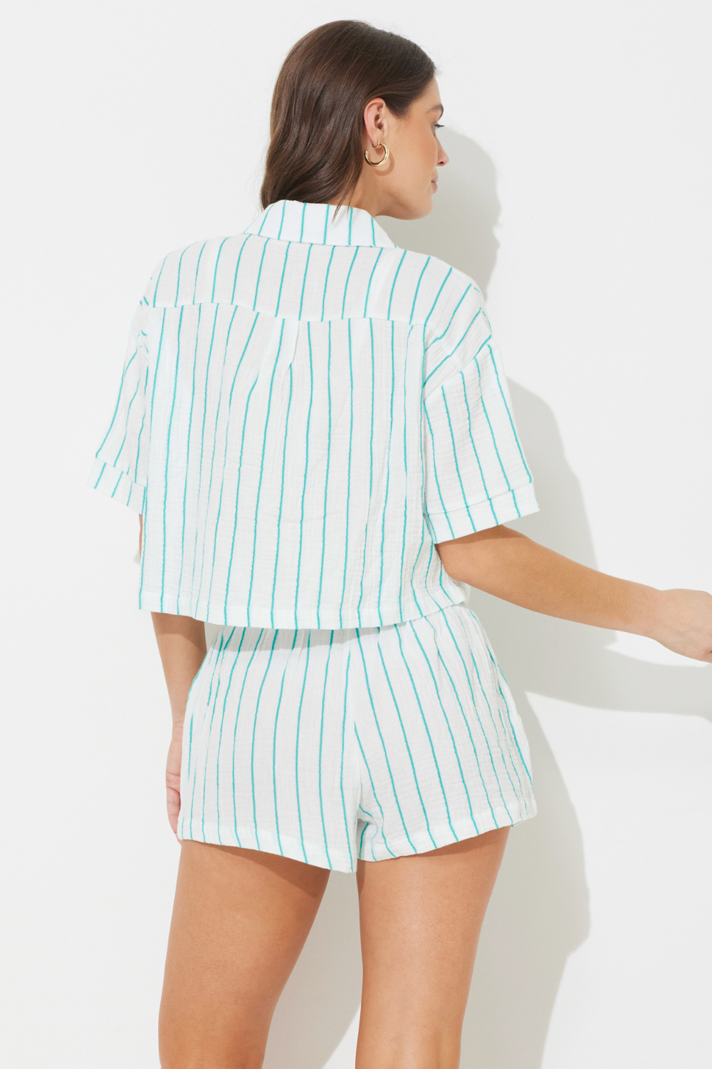 Teal Green White Striped Gauze Short Sleeve Button Up