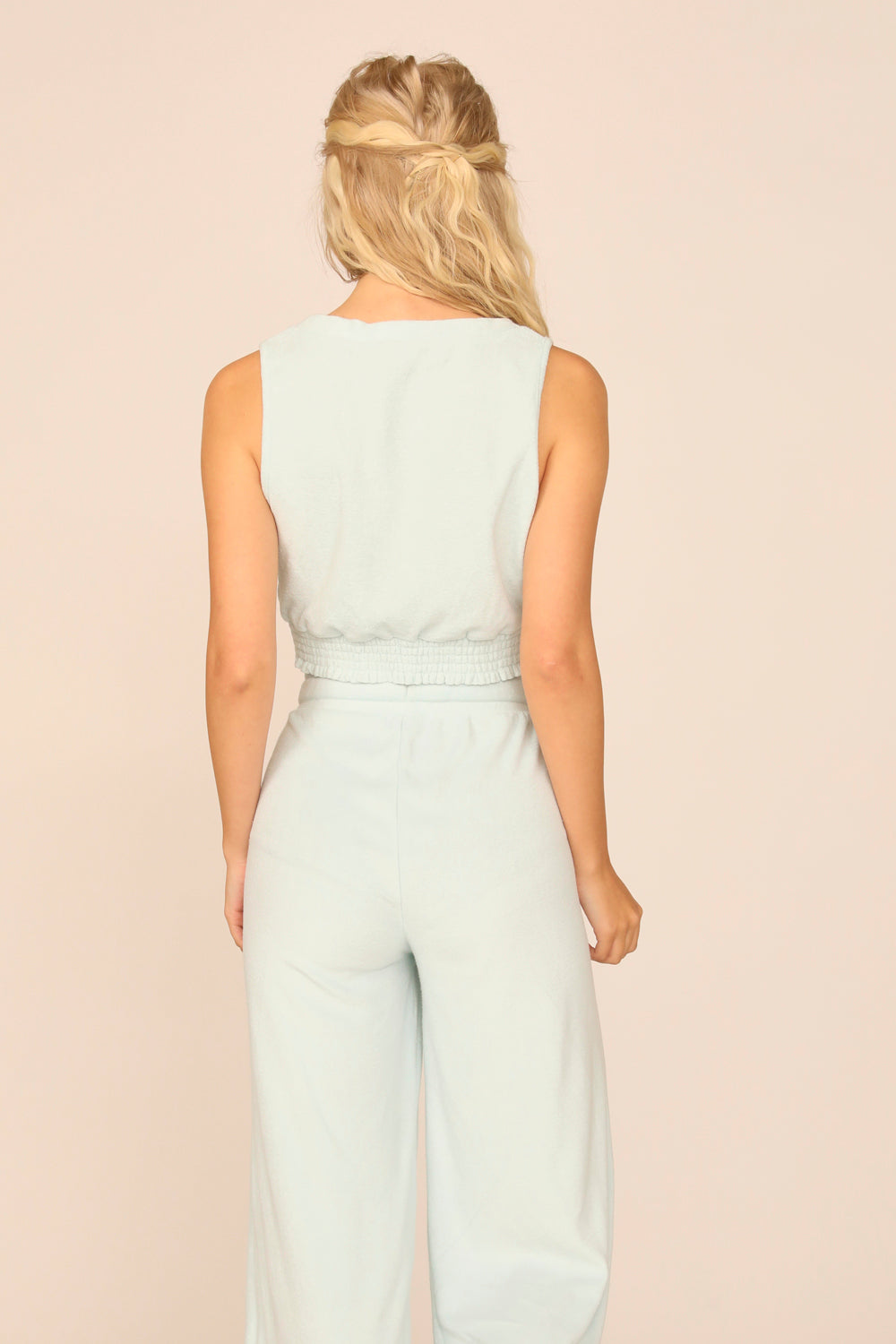 Salty Blue Terry Cloth Surplice W/ Smocked Waist
