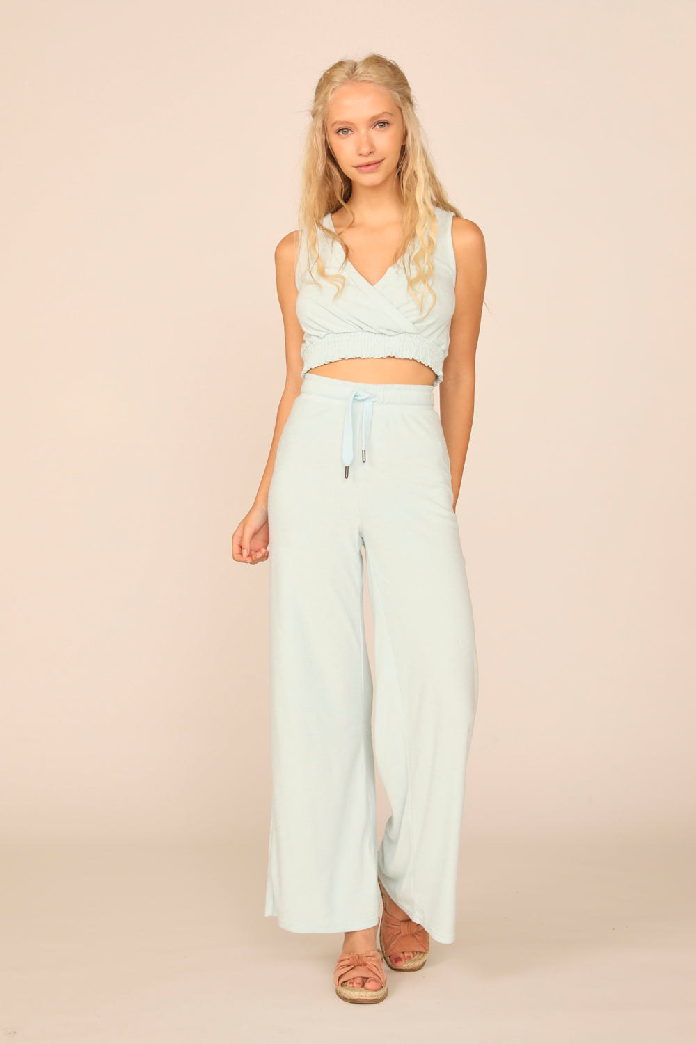 Salty Blue Terry Cloth Surplice W/ Smocked Waist