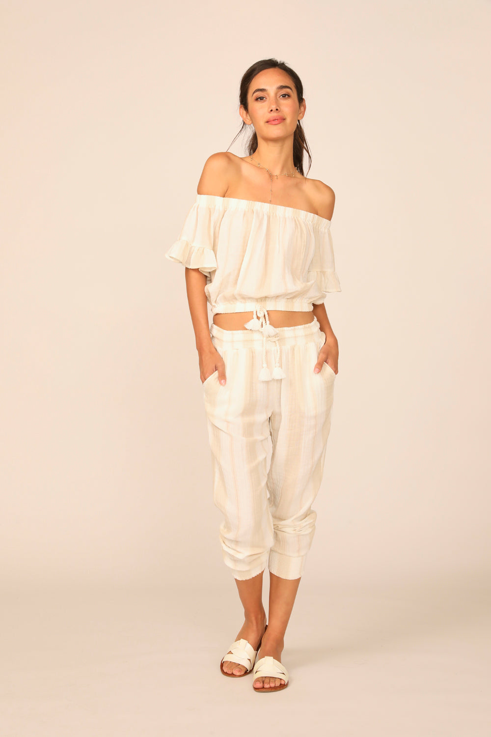 Sand/ Khaki Stripe Gauze Off the Shoulder Top