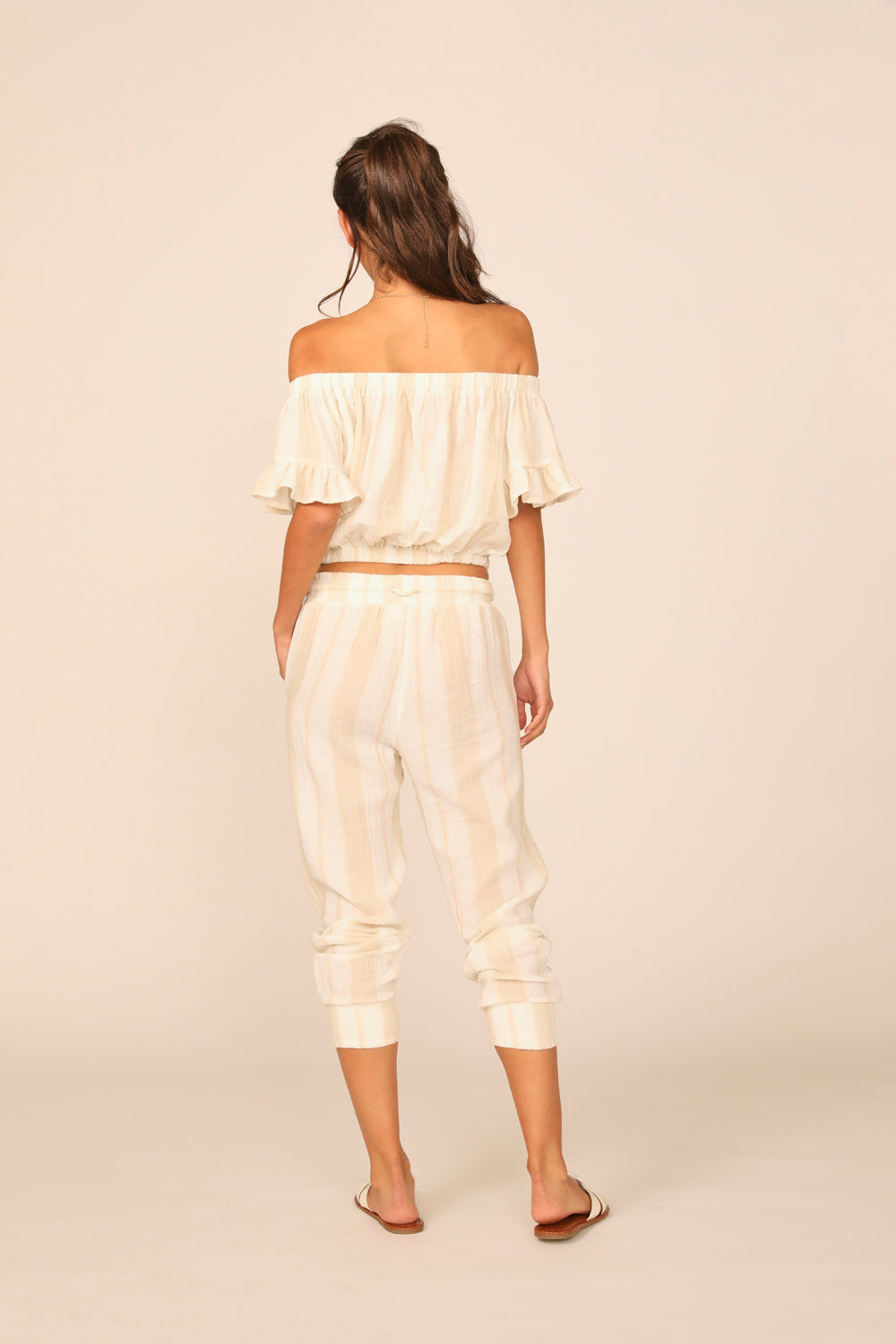 Sand/ Khaki Stripe Gauze Off the Shoulder Top
