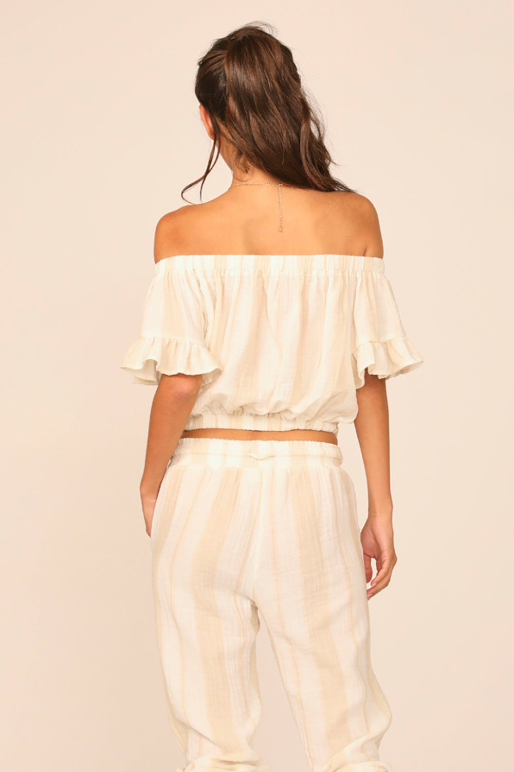 Sand/ Khaki Stripe Gauze Off the Shoulder Top