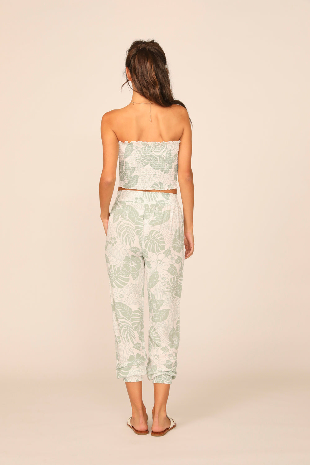 Sage Hawaiian Print Rayon Smocked Tie Front Crop Top