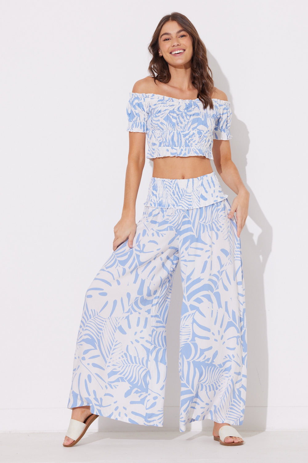 Blue Island Printed Smocked Off Shoulder Top