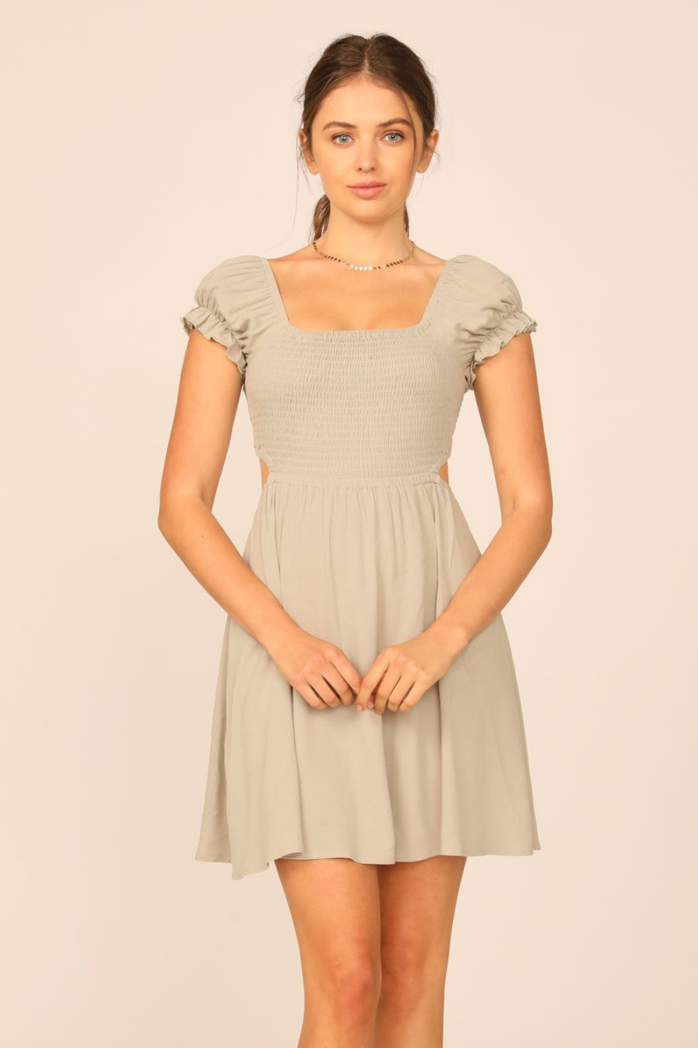 Soft Olive Washed Crepe Smocked Bodice Puff Sleeve Dress Soft Olive Washed Crepe Smocked Bodice Puff Sleeve Dress