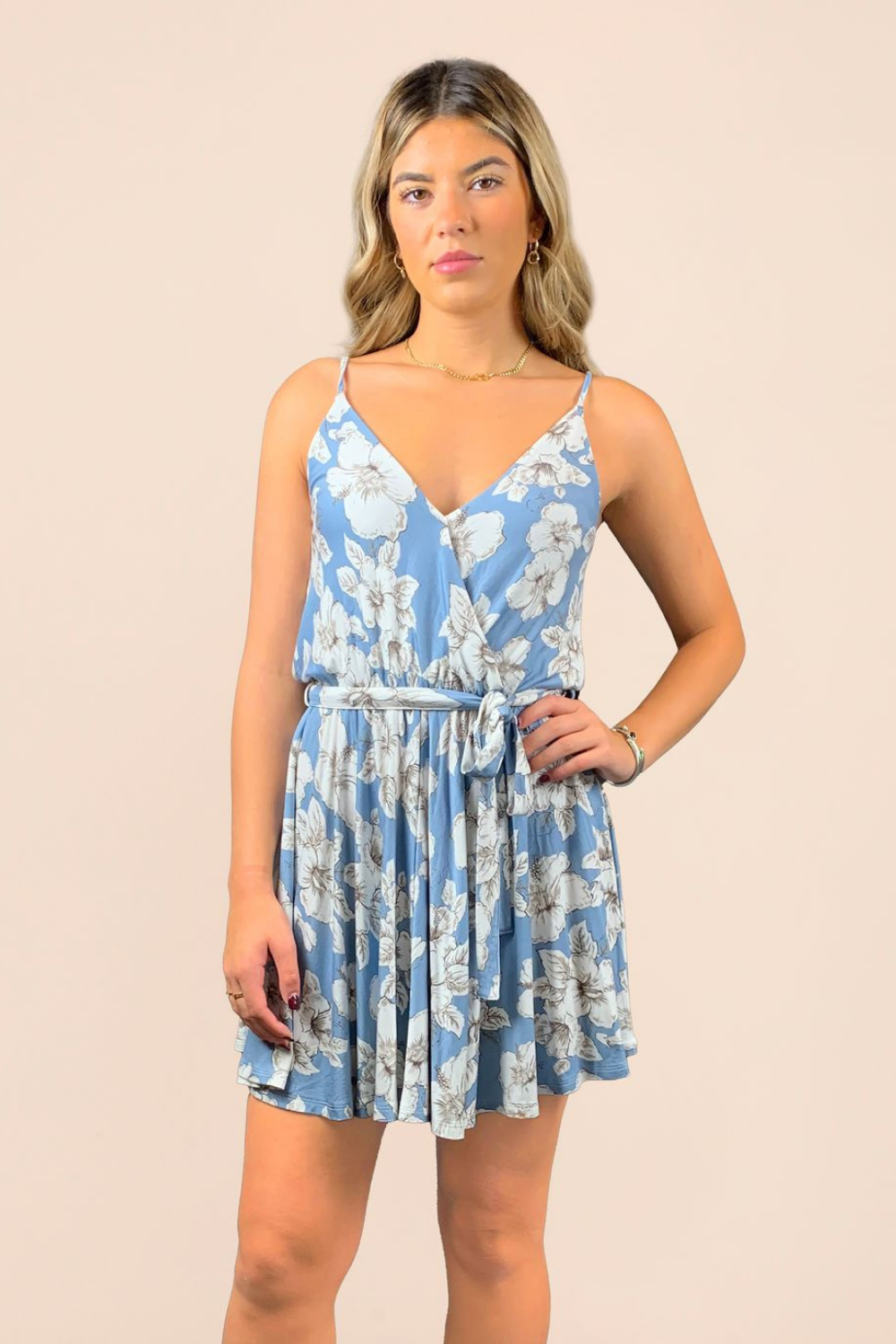 white christmas dresses Blue Tropical Floral Wrap Bodice Dress