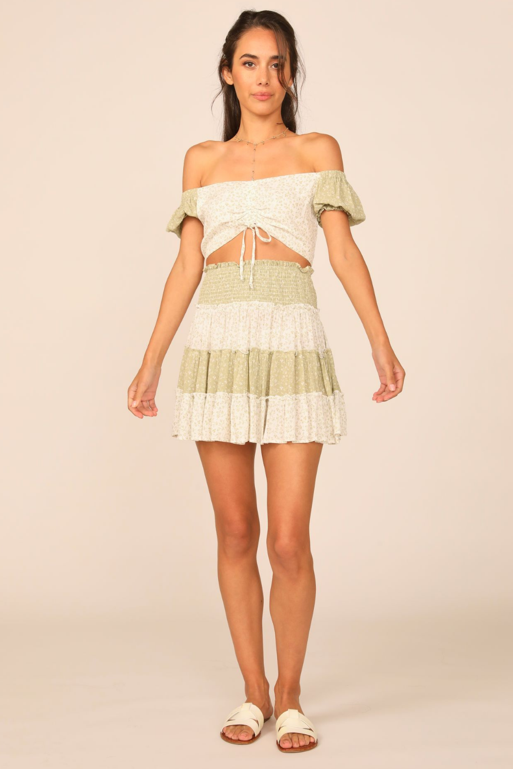 Olive/White Floral Printed Puff Sleeve Cinch Top