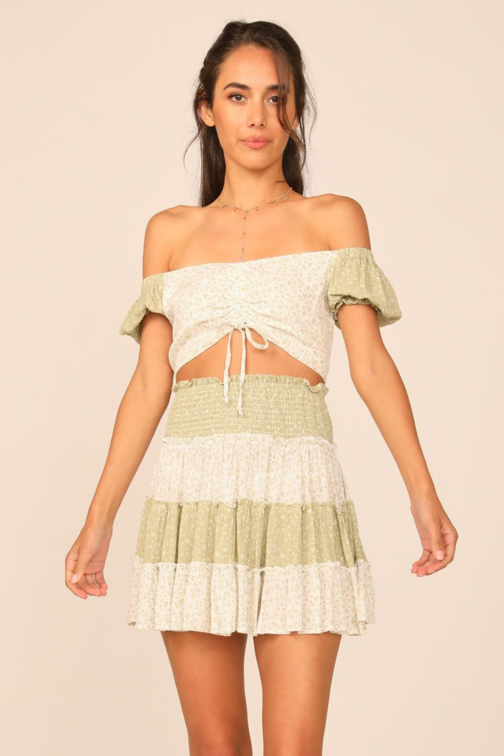 Olive/White Floral Printed Puff Sleeve Cinch Top