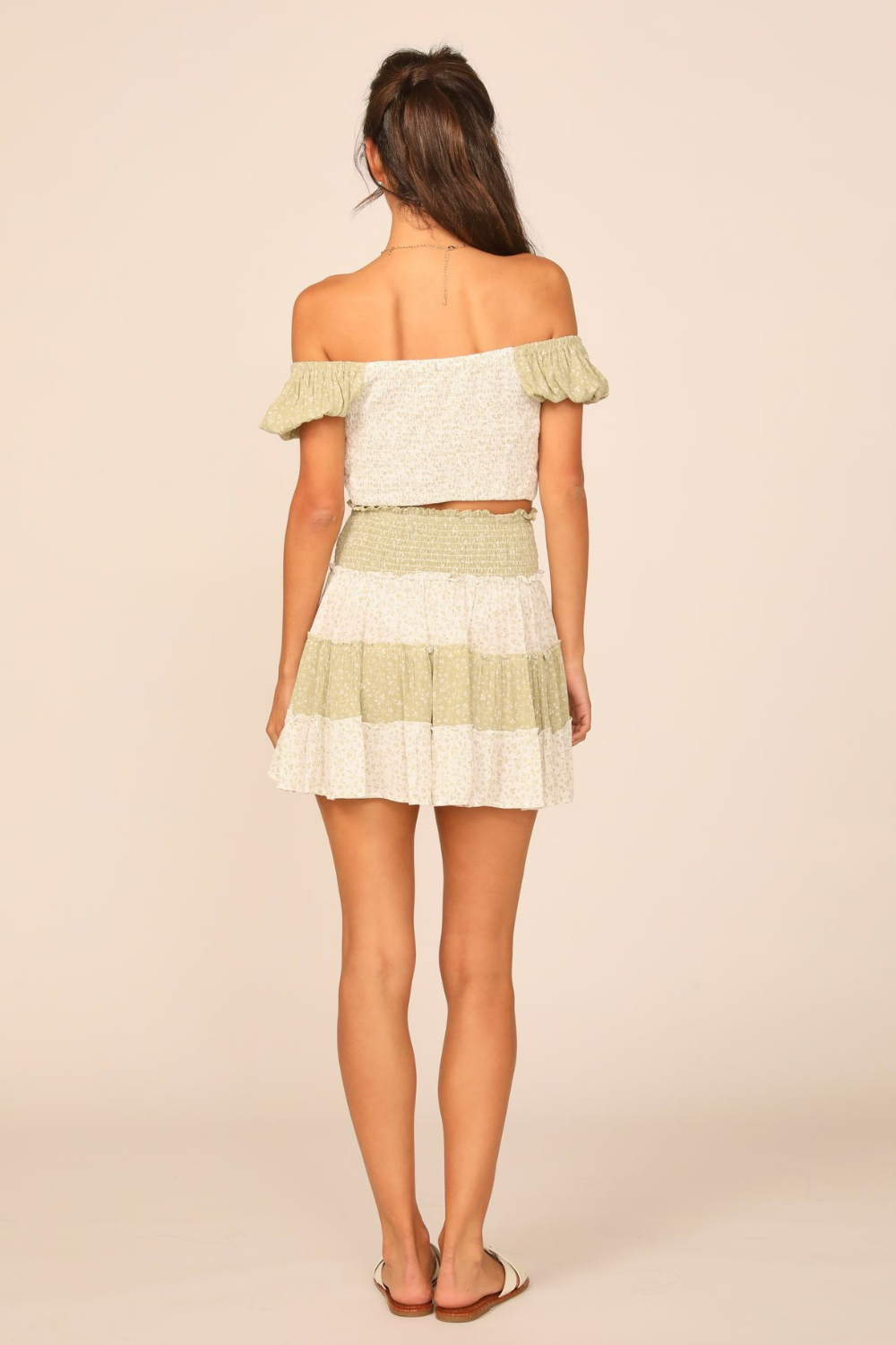 Olive/White Floral Printed Puff Sleeve Cinch Top