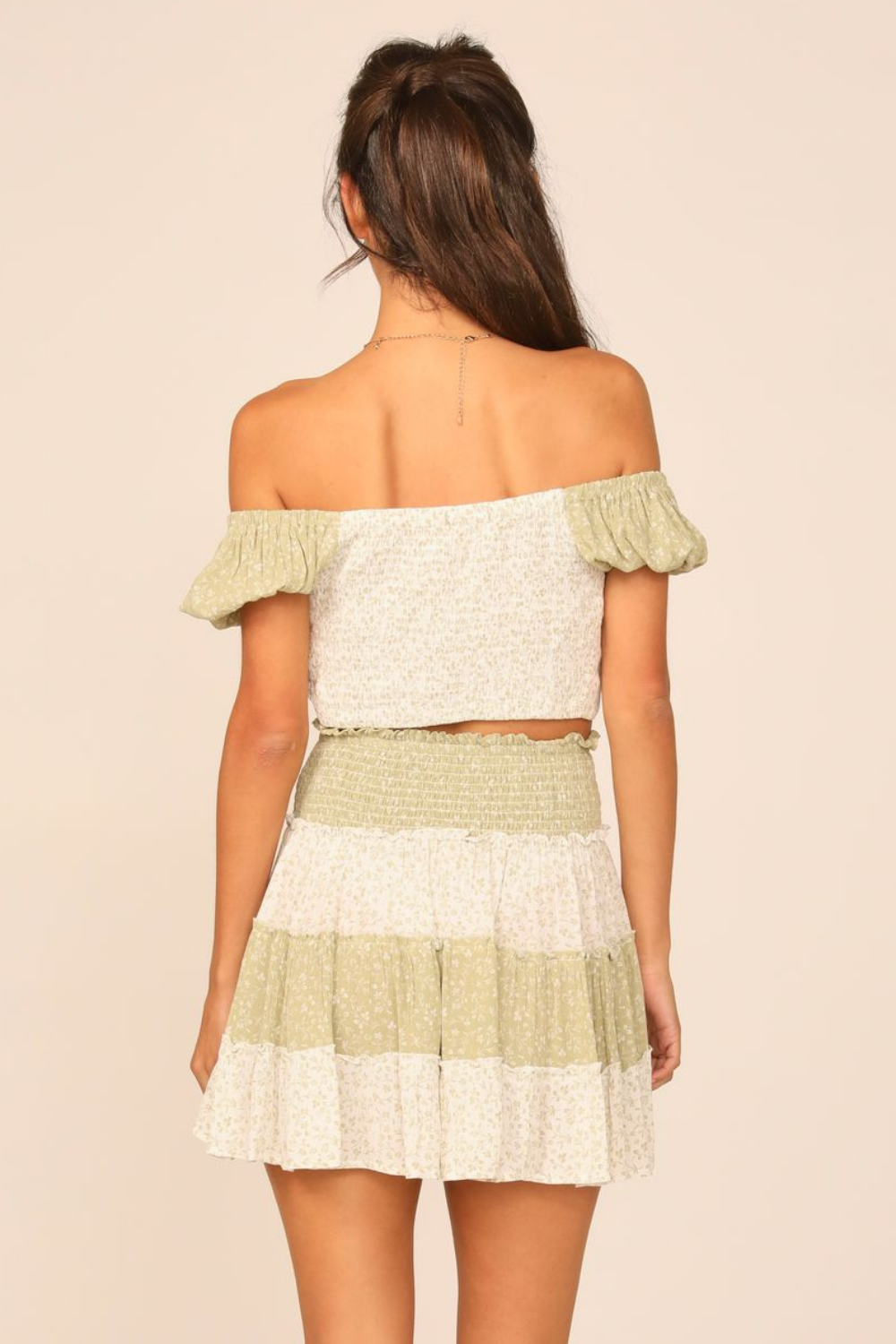 Olive/White Floral Printed Puff Sleeve Cinch Top