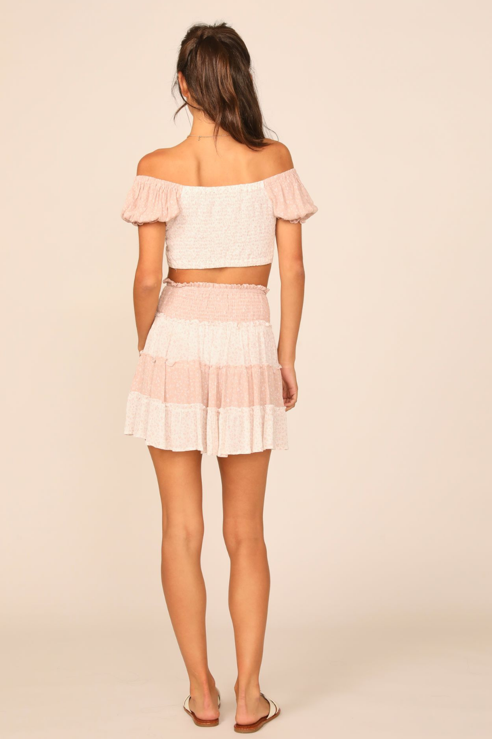 Mauve/White Floral Printed Puff Sleeve Cinch Top