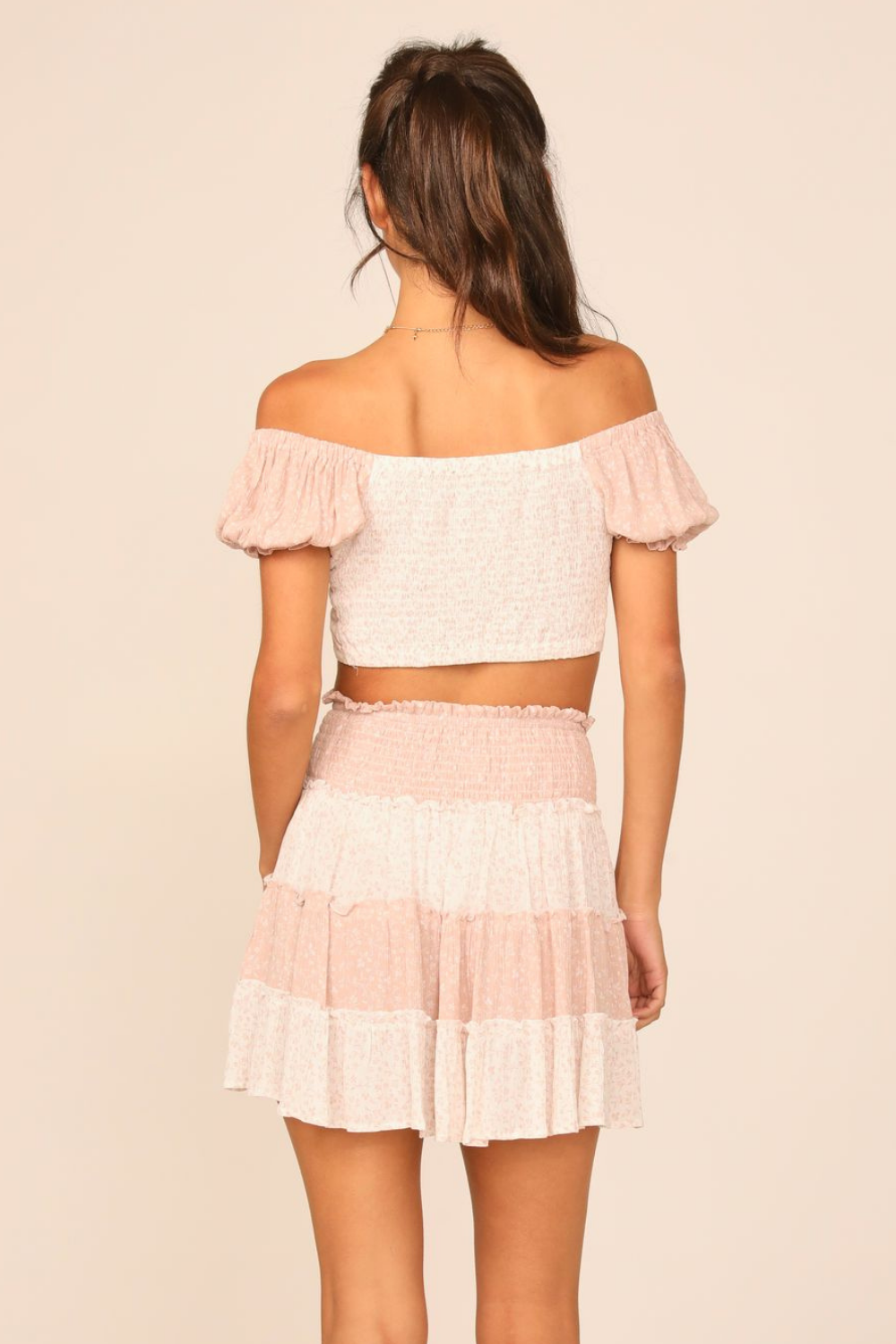 Mauve/White Floral Printed Puff Sleeve Cinch Top