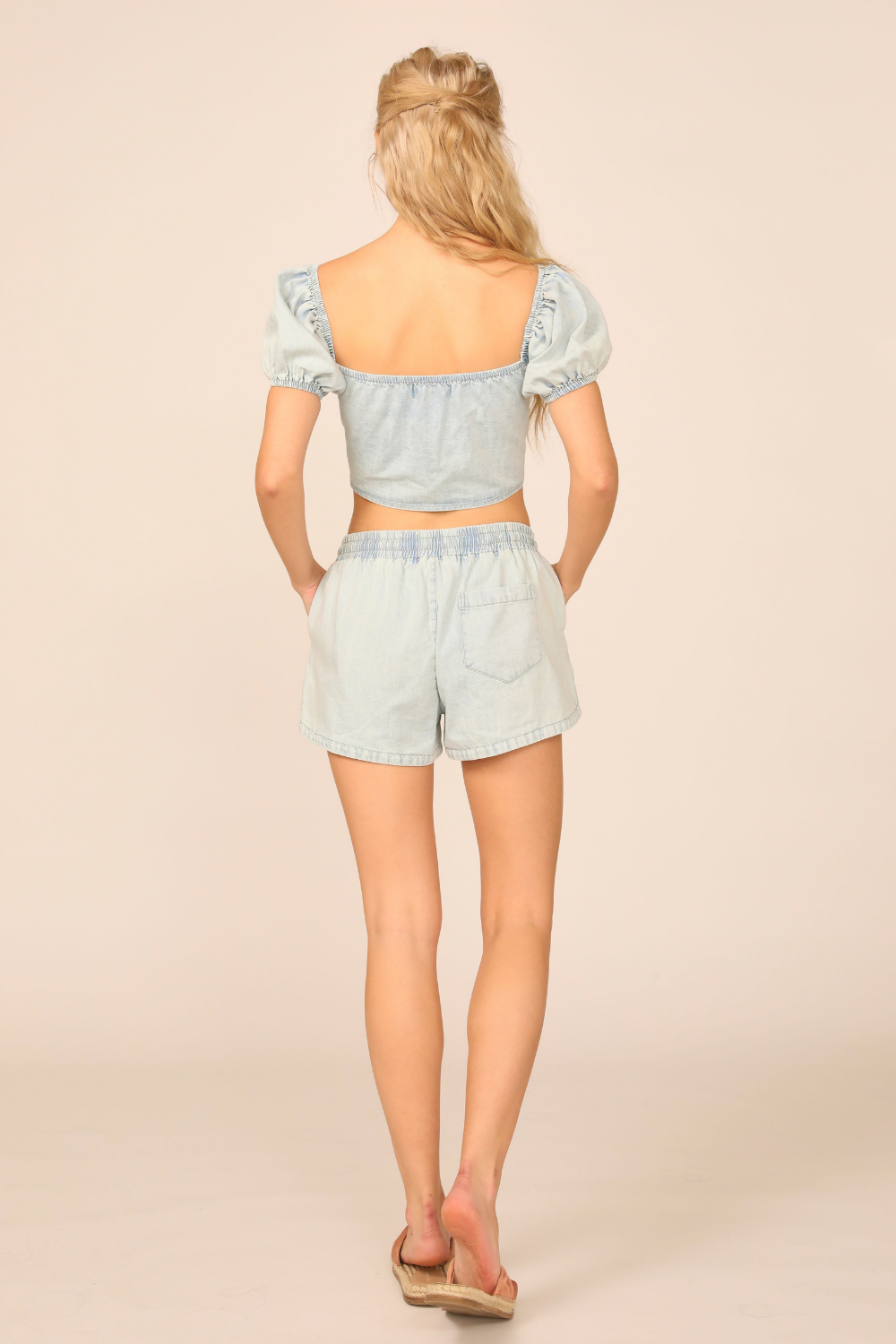 Light Wash Denim Tencel Tie Front Puff Sleeve Top