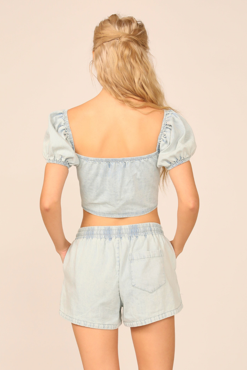 Light Wash Denim Tencel Tie Front Puff Sleeve Top