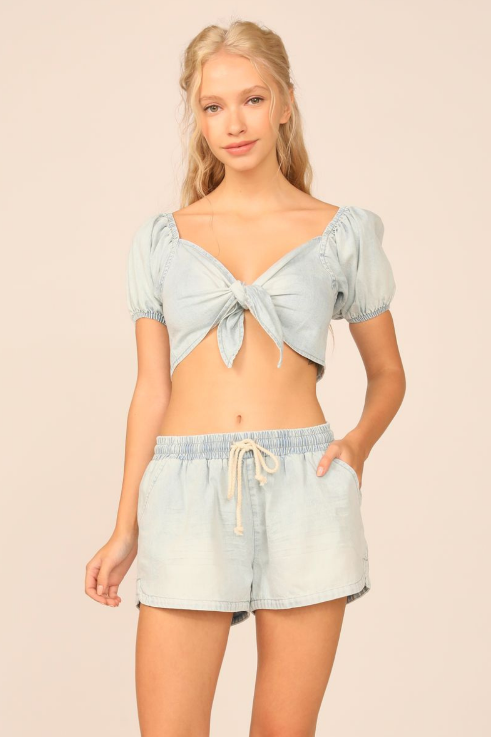 Light Wash Denim Tencel Tie Front Puff Sleeve Top