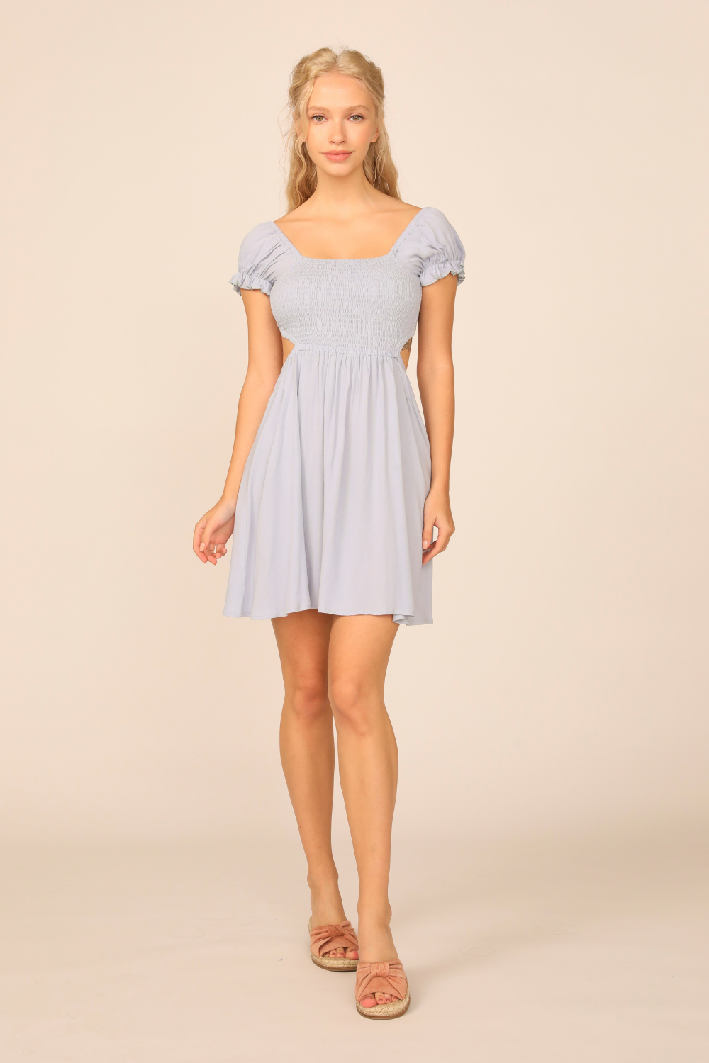 Blue Jean Washed Crepe Smocked Bodice Puff Sleeve Dress