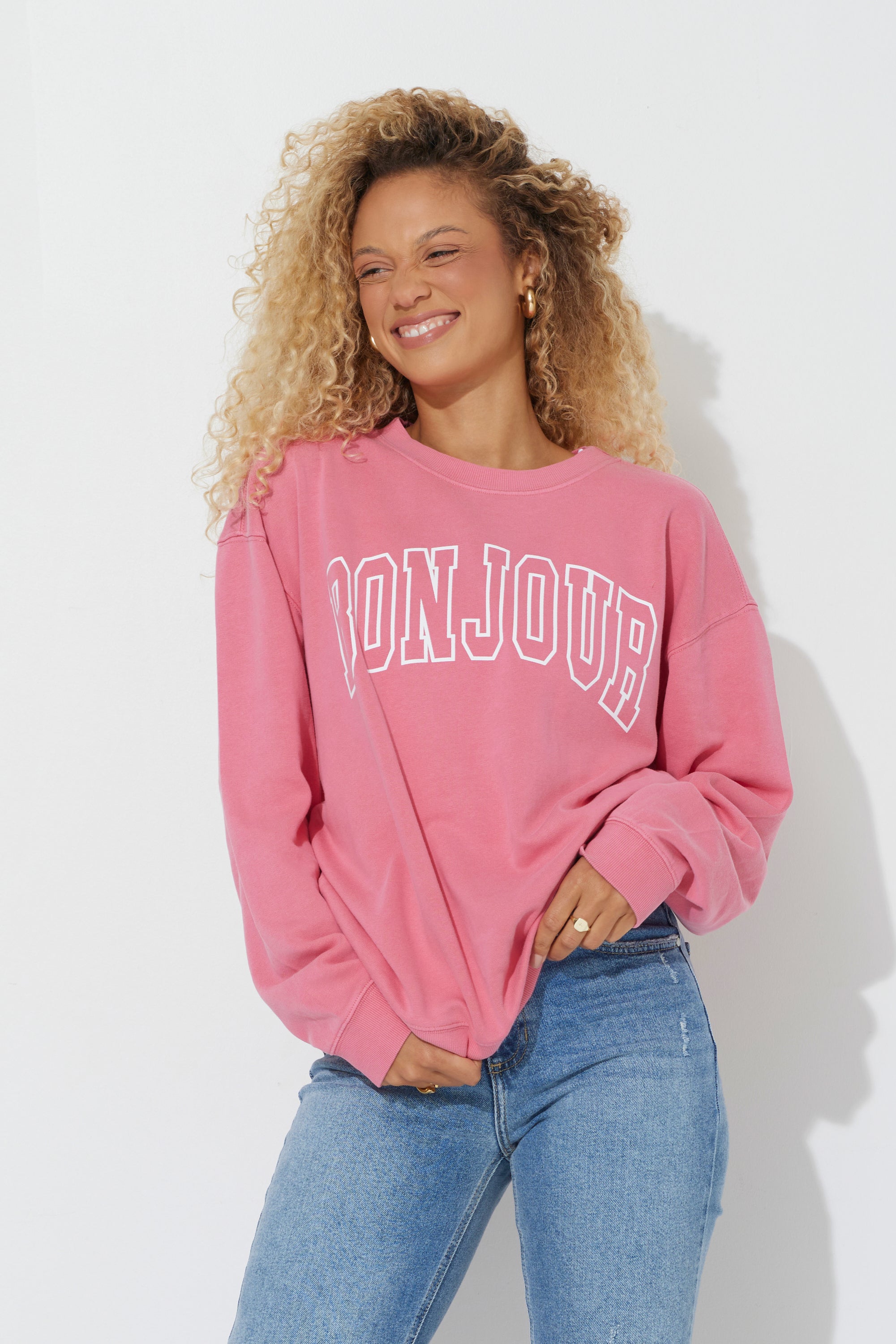 Red "Bonjour" Pigment Dyed Crewneck
